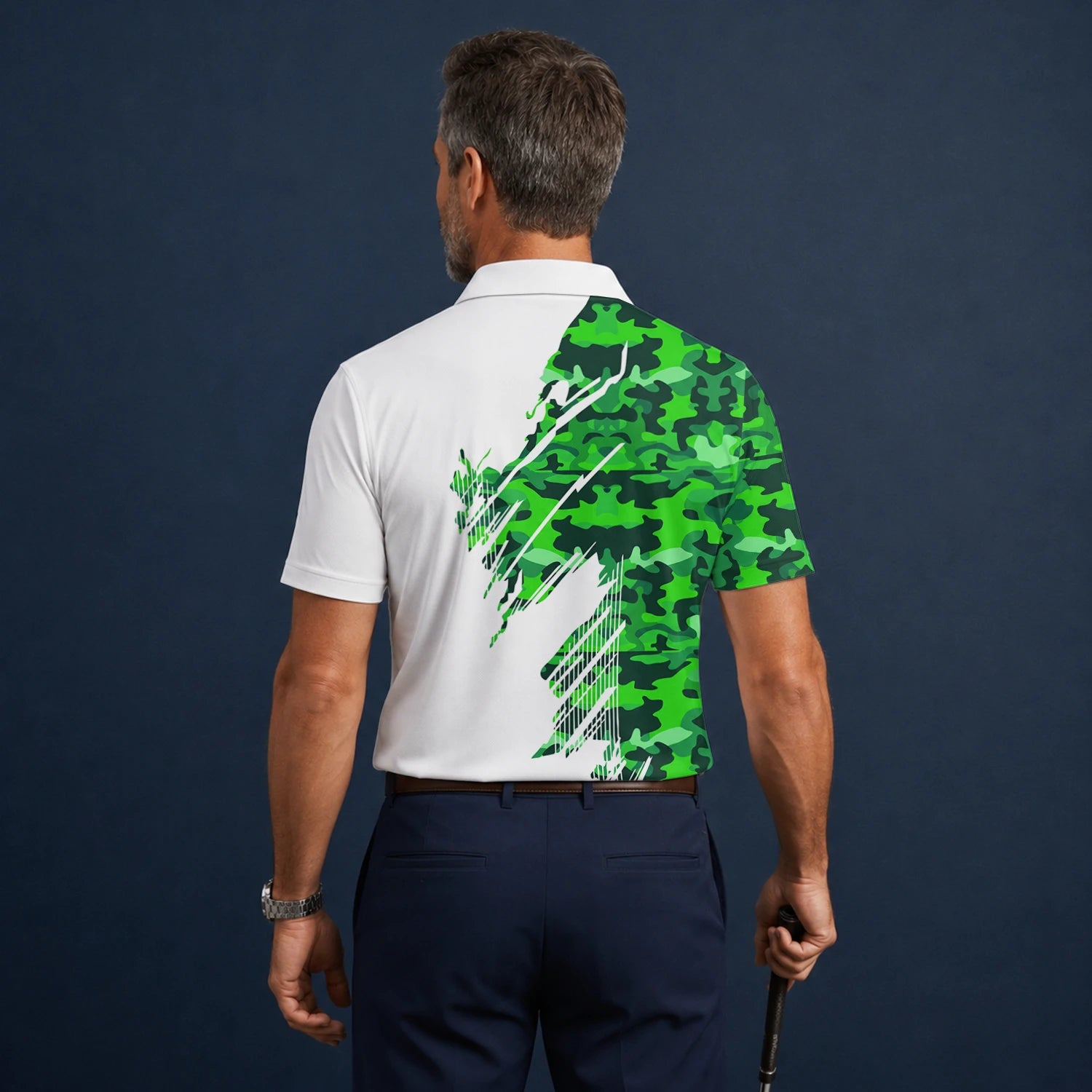 Personalised White Green Camo Brush Stripe Golf Polo Shirt For Men E9788