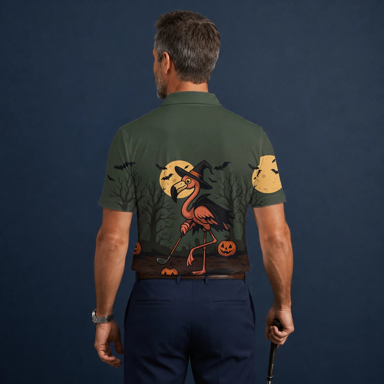 Personalised Olive Halloween Flamingo Witch Golfer Pumpkin Golf Polo Shirt For Men X5811