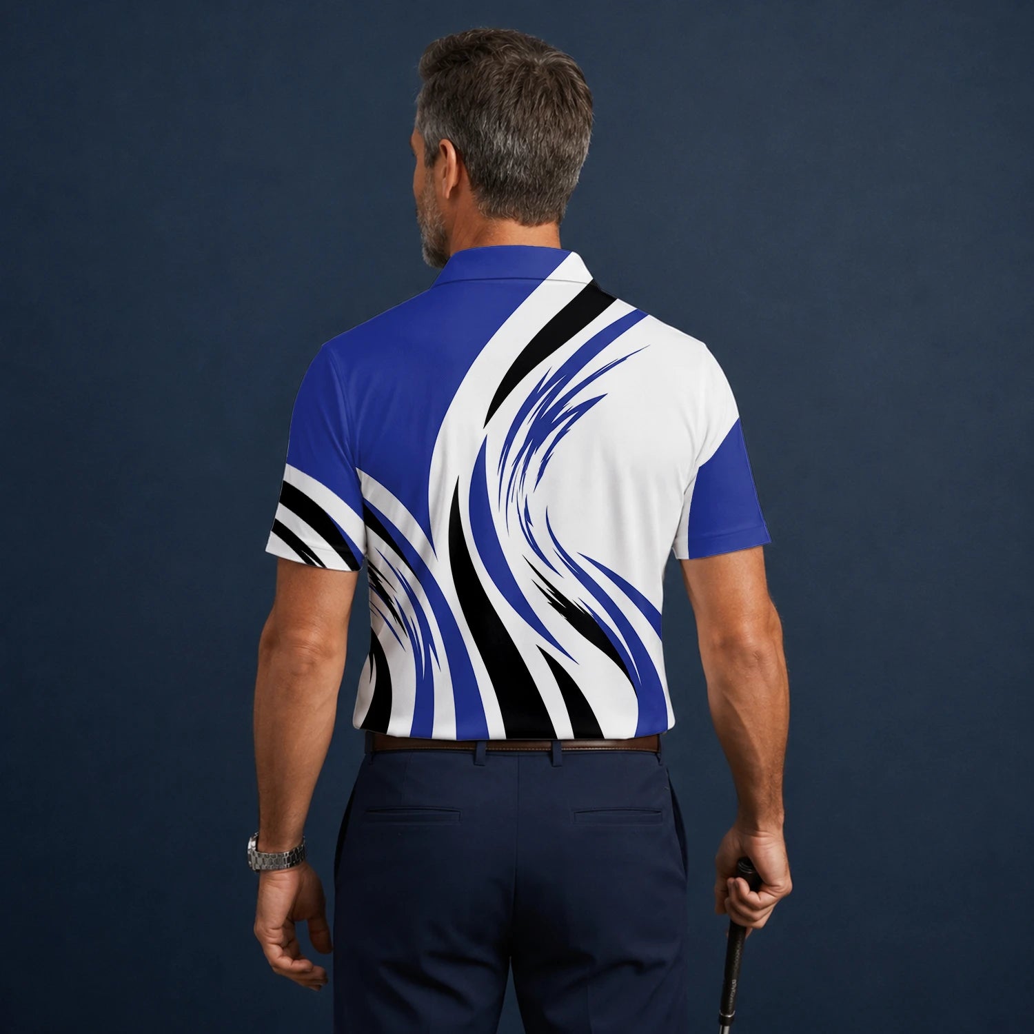 Personalised White Blue Black Abstract Wave Golf Polo Shirt For Men V7849