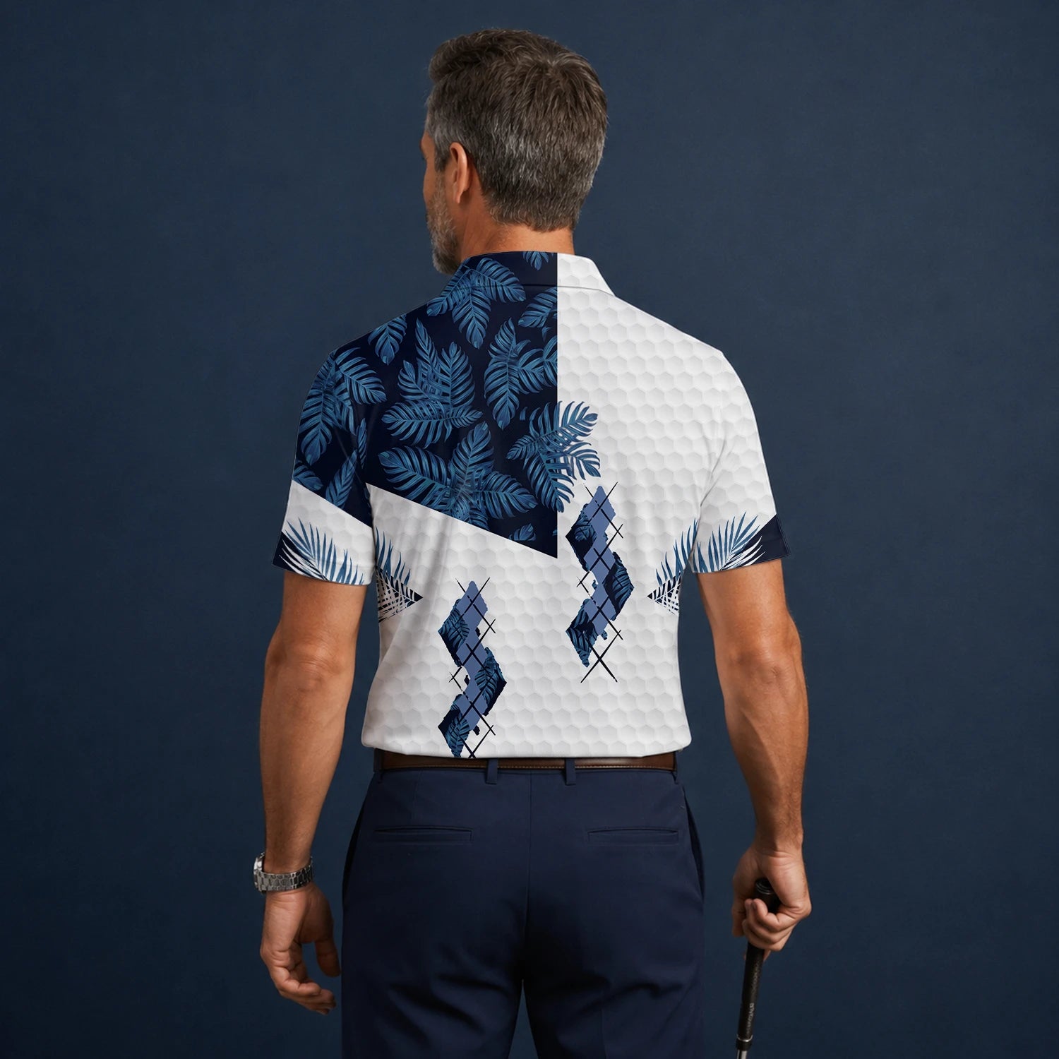 Personalised White Navy Tropical Leaf Argyle Golf Polo Shirt For Men D6549
