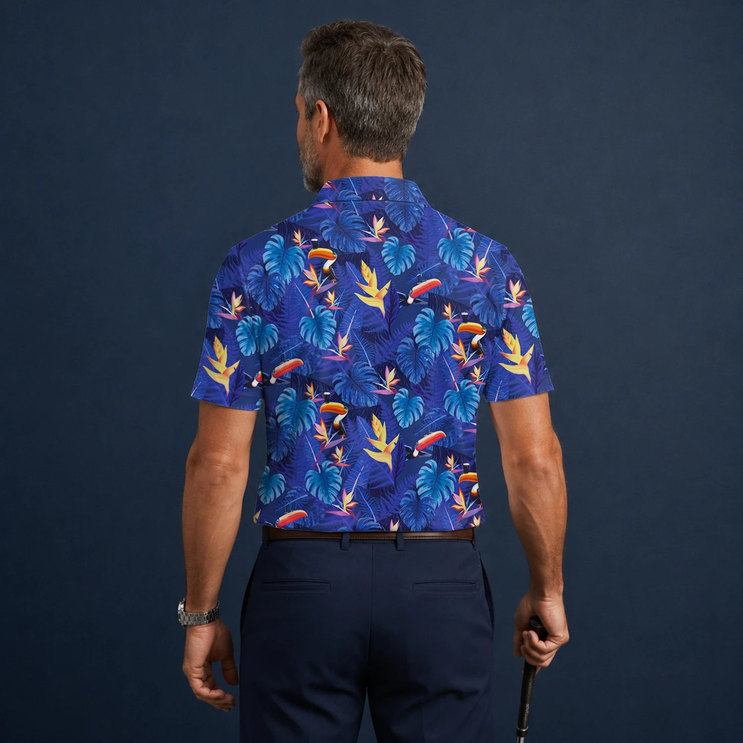 Personalised Navy Blue Tropical Toucan Leaf Golf Polo Shirt For Men S1836