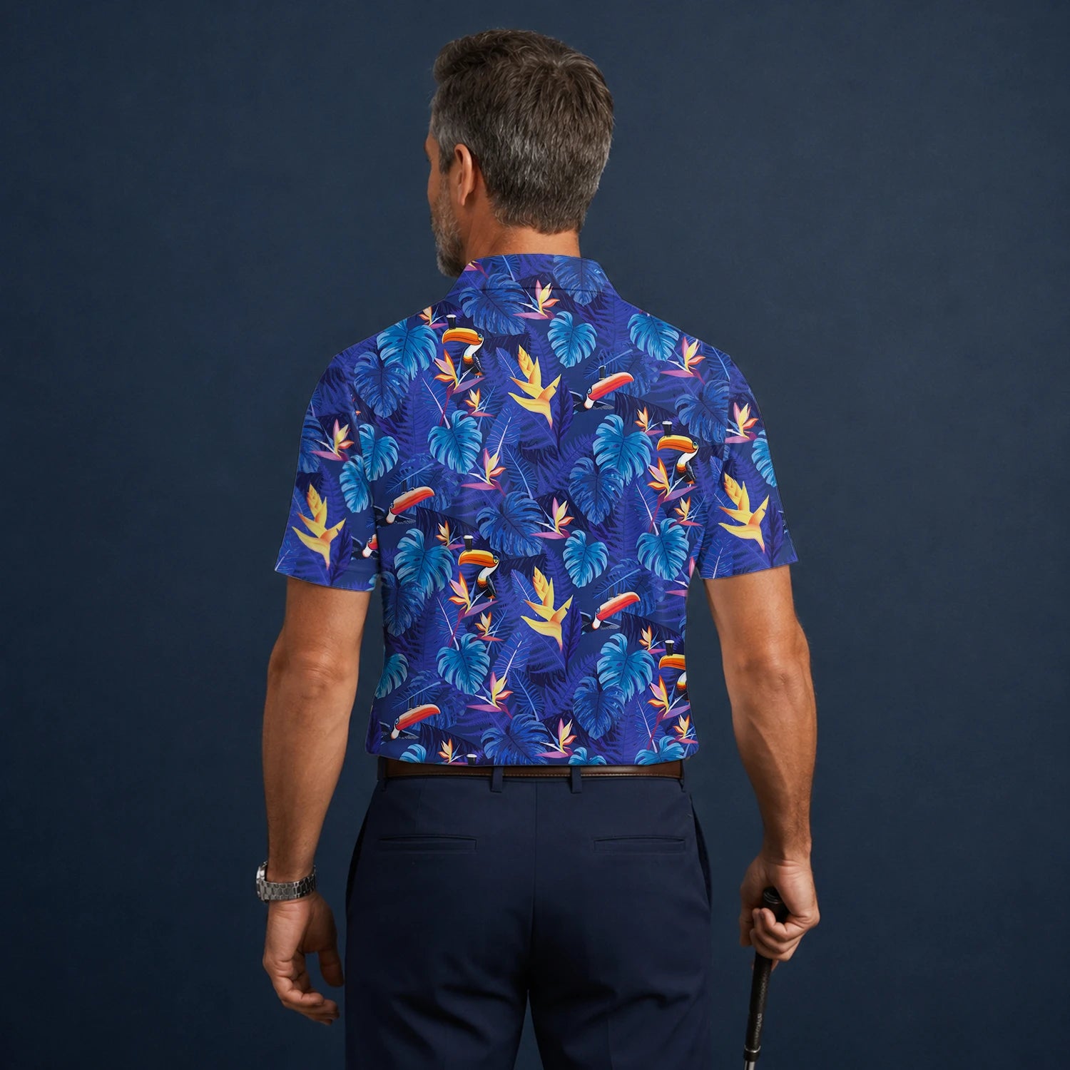 Personalised Navy Blue Tropical Toucan Leaf Golf Polo Shirt For Men S1836