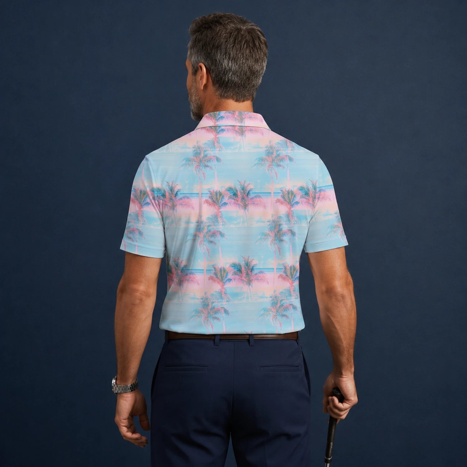 Personalised Pastel Blue Pink Palm Sunset Golf Polo Shirt For Men G4431