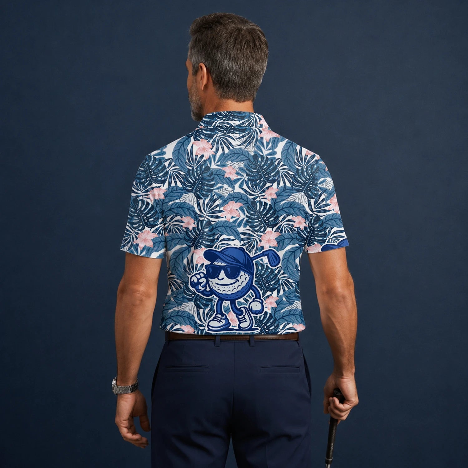 Personalised Navy Tropical Leaf Golf Ball Cartoon Golf Polo Shirt For Men I7191