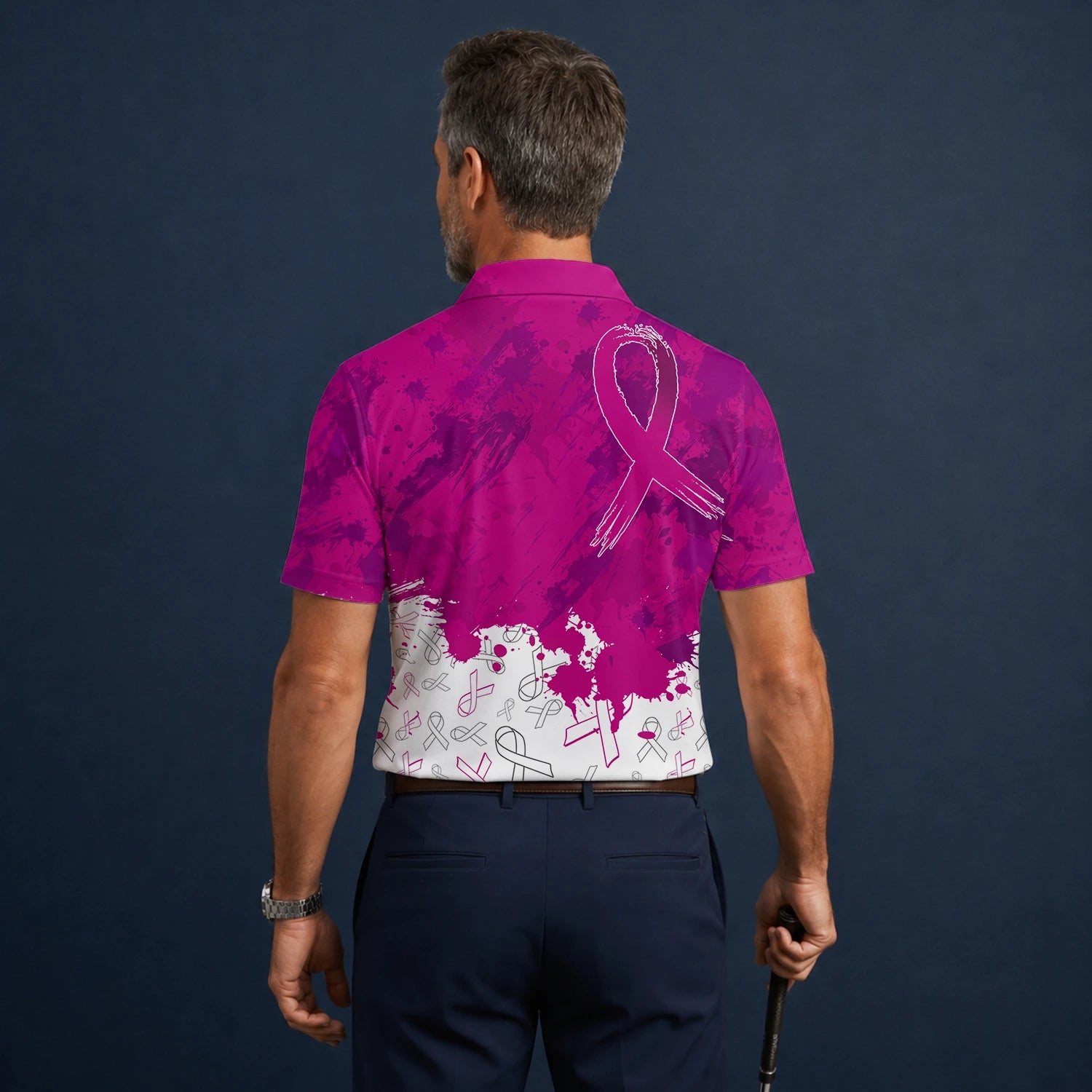 Personalised Magenta Breast Cancer Awareness Ribbon Paint Splash Golf Polo Shirt For Men Q5636