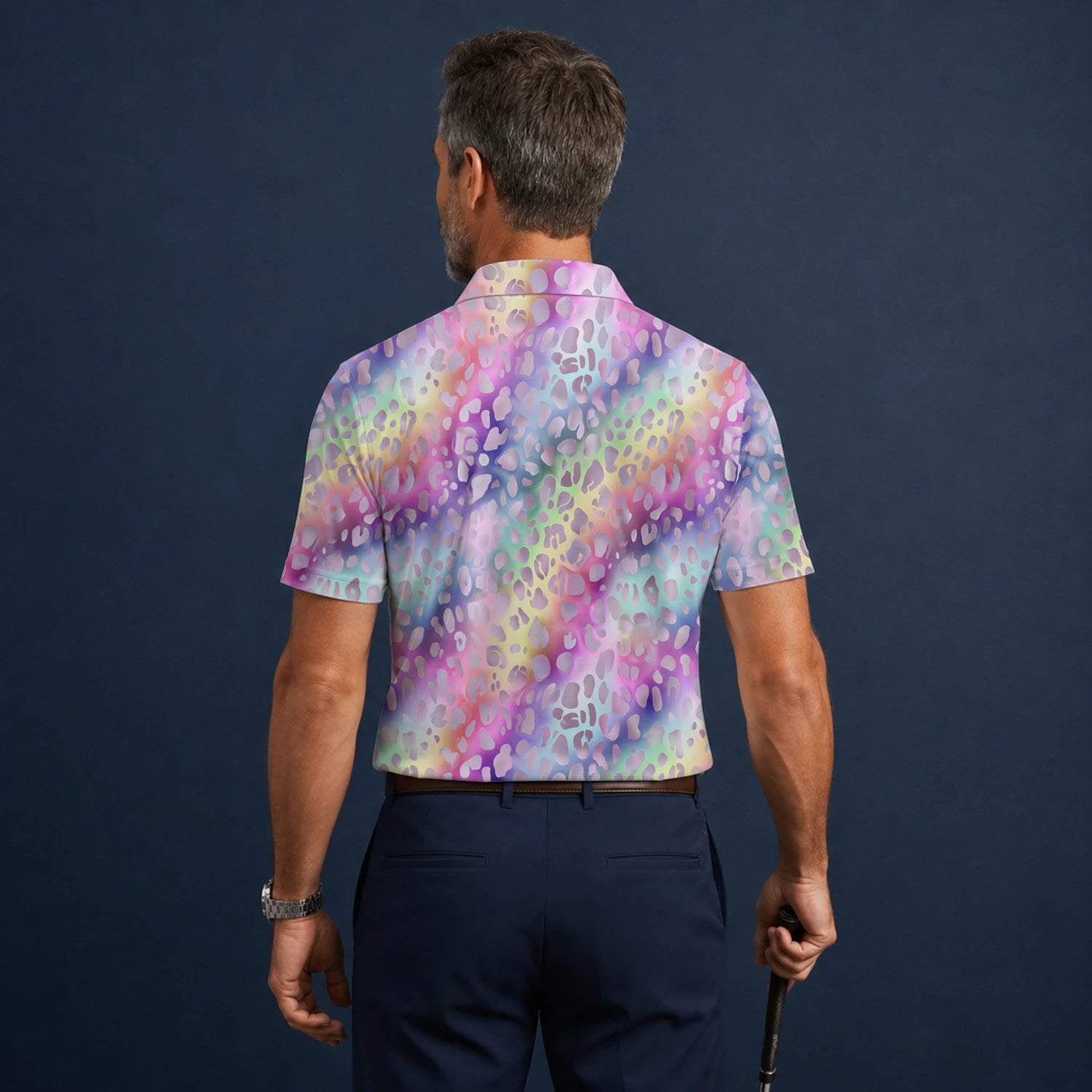 Personalised Pastel Rainbow Leopard Print Golf Polo Shirt For Men E5373