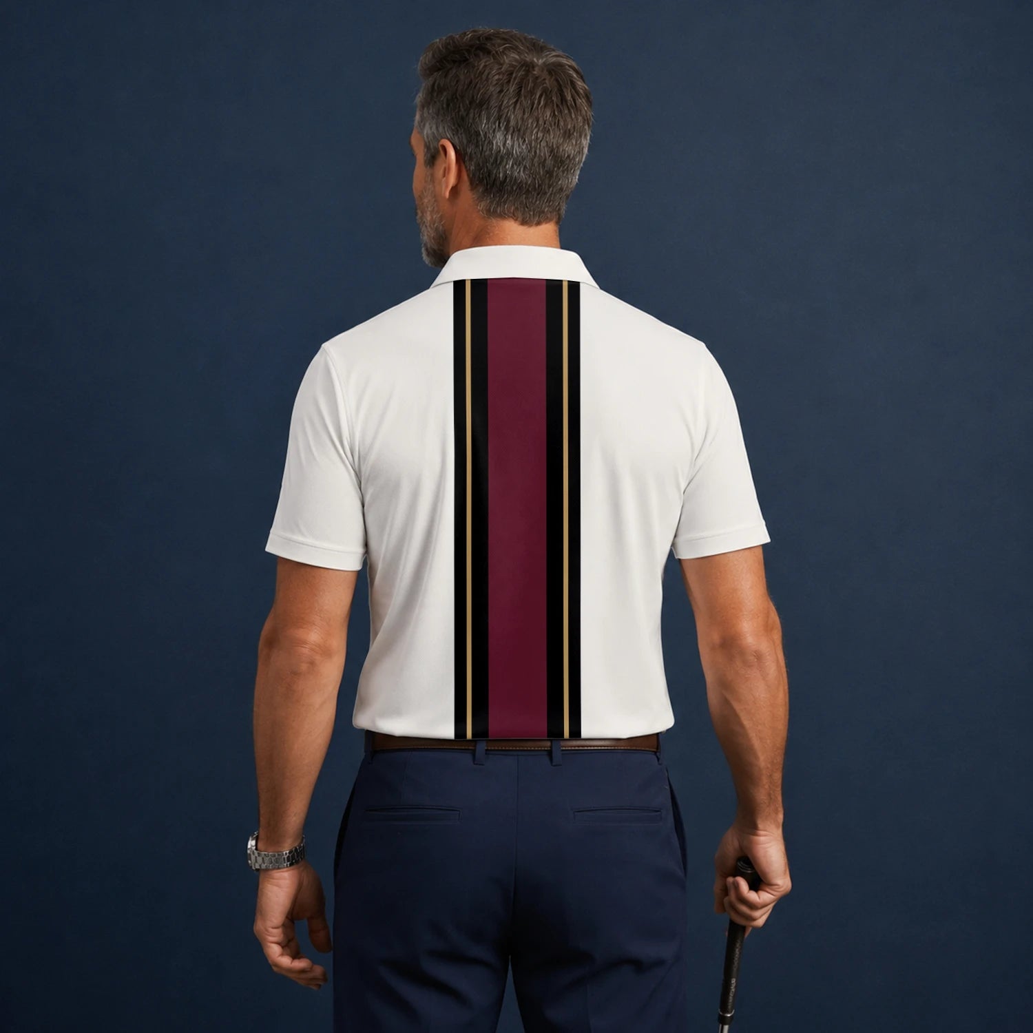 Personalised White Burgundy Black Racing Stripe Golf Polo Shirt For Men G7028