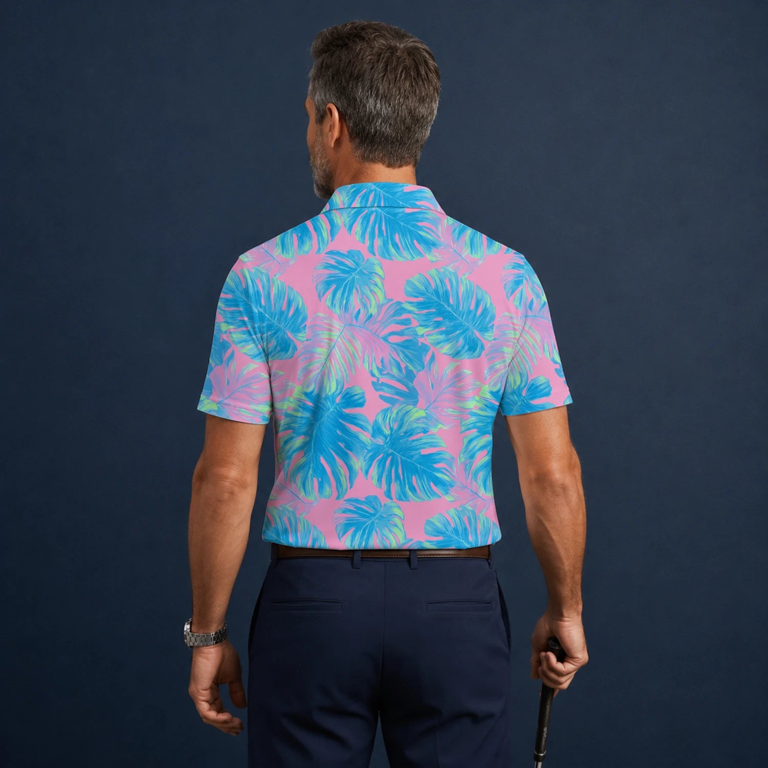 Personalised Pink Turquoise Tropical Monstera Leaf Golf Polo Shirt For Men C8385