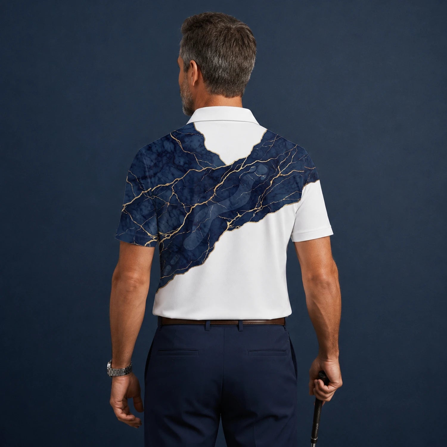 Personalised White Navy Marble Gold Vein Golf Polo Shirt For Men B4939