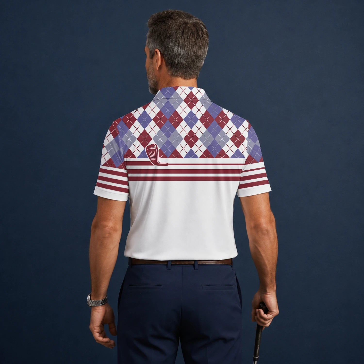 Personalised White Burgundy Argyle Golf Club Stripe Golf Polo Shirt For Men K9019