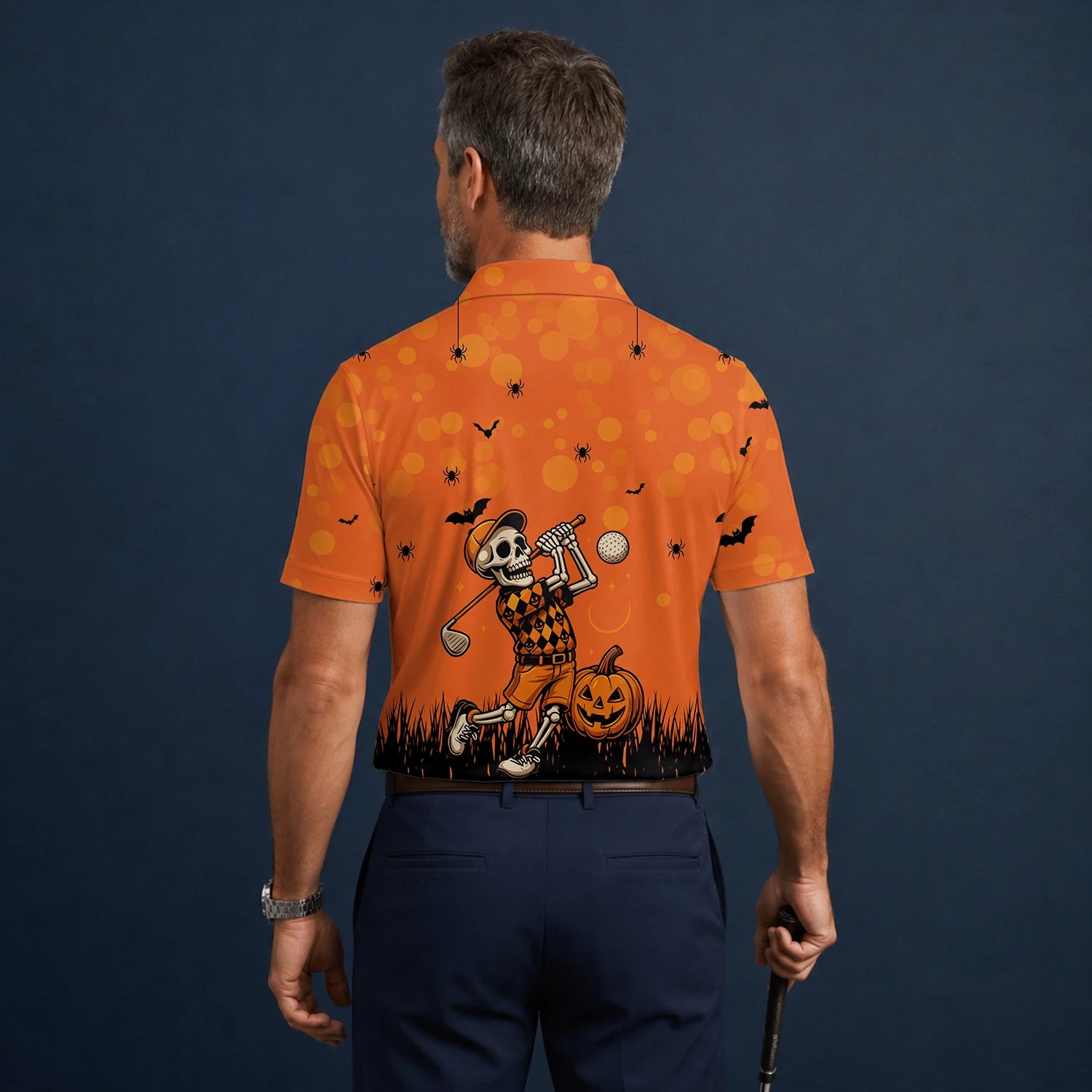 Personalised Orange Halloween Skeleton Golfer Golf Polo Shirt For Men D3851