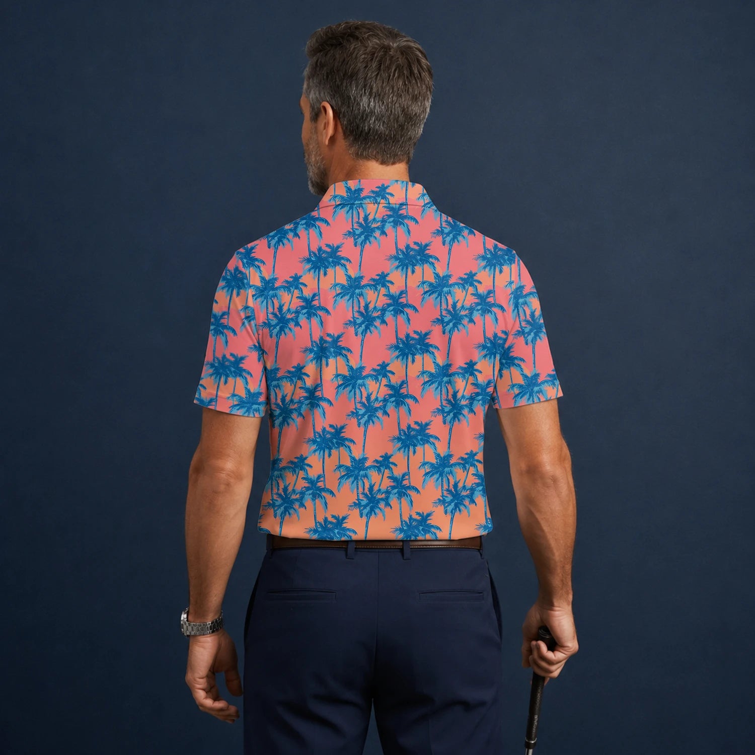 Personalised Coral Pink Blue Palm Tree Golf Polo Shirt For Men A5845