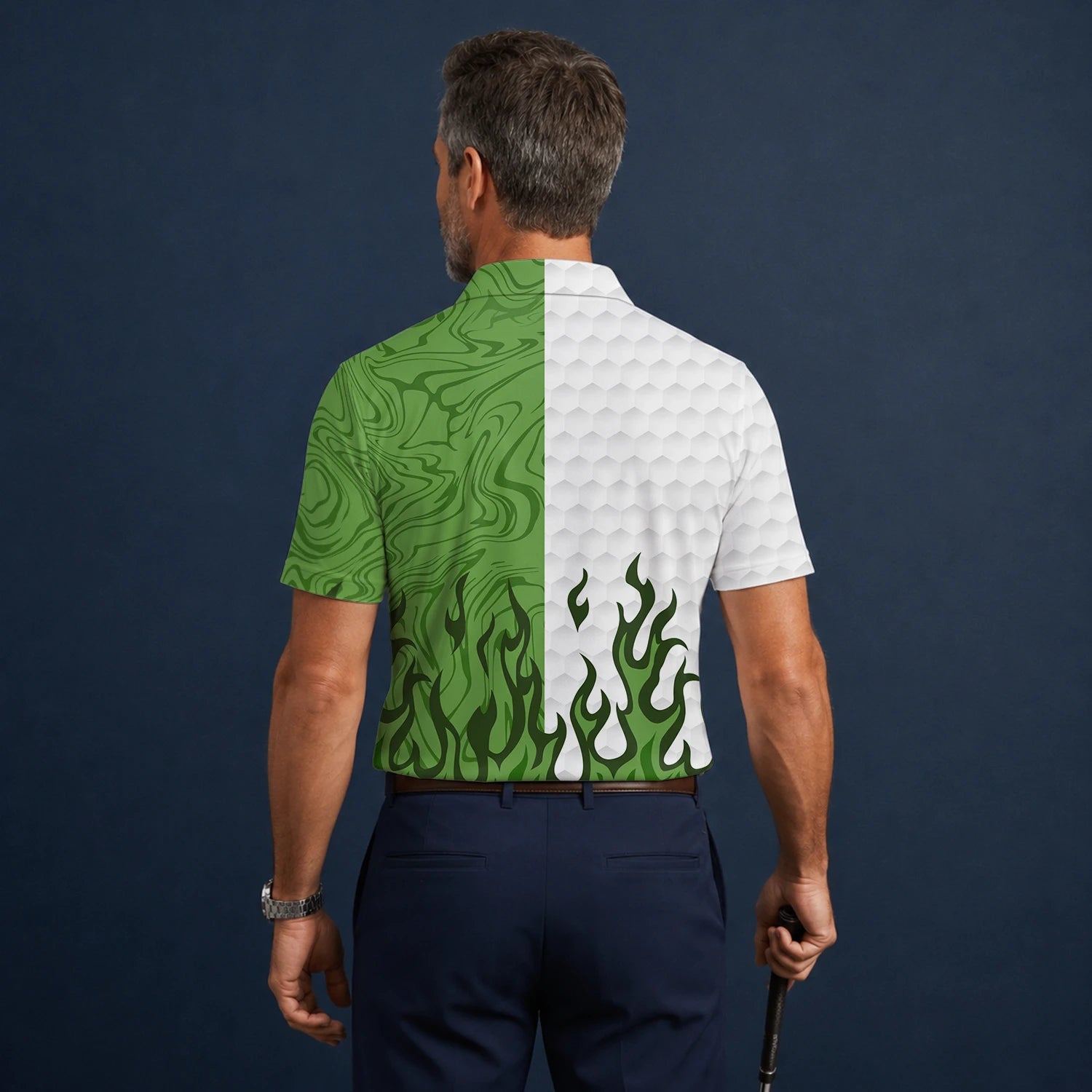 Personalised White Green Flame Marble Golf Polo Shirt For Men D2353