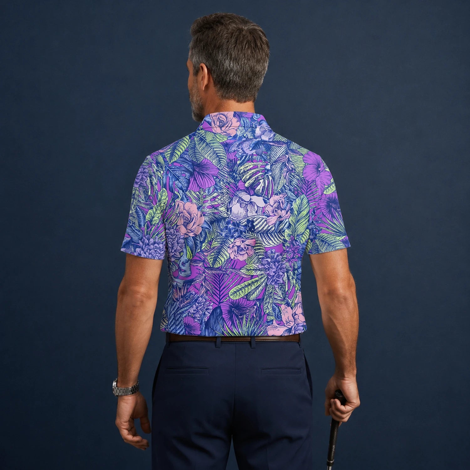 Personalised Purple Blue Tropical Floral Leaf Golf Polo Shirt For Men B8037