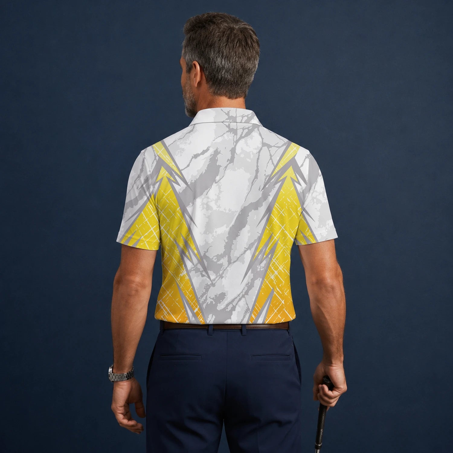 Personalised White Grey Yellow Marble Stripe Golf Polo Shirt For Men T6326