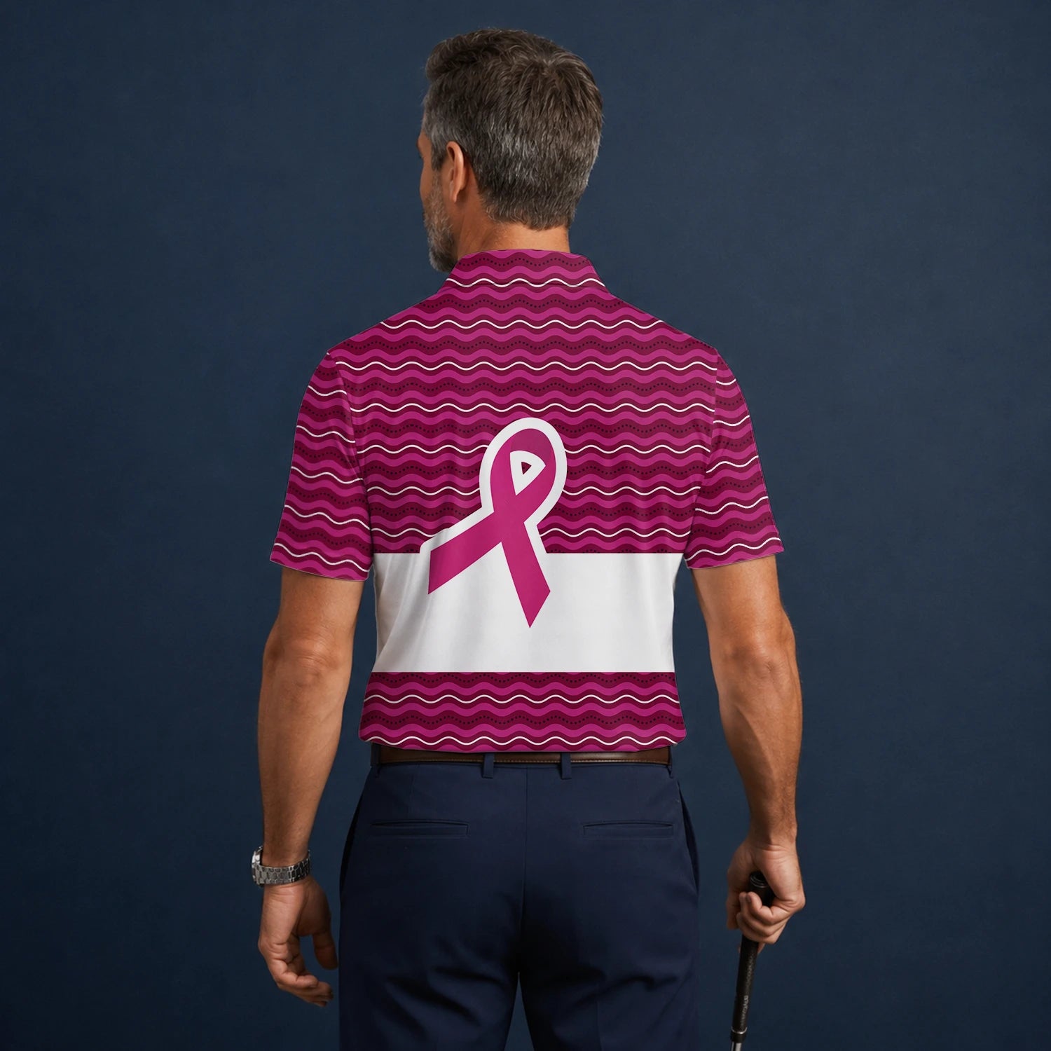 Personalised Pink Breast Cancer Awareness Ribbon Wave Golf Polo Shirt For Men B1640