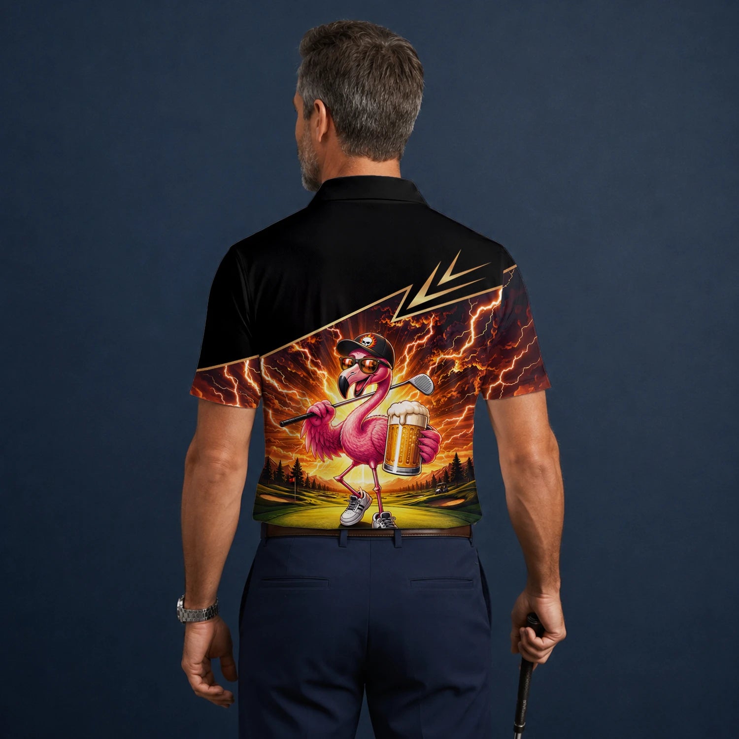 Personalised Black Orange Flamingo Beer Golfer Lightning Golf Polo Shirt For Men E3673
