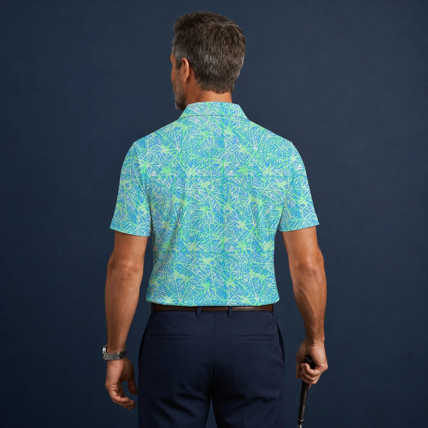 Personalised Turquoise Lime Tropical Leaf Golf Polo Shirt For Men U1015