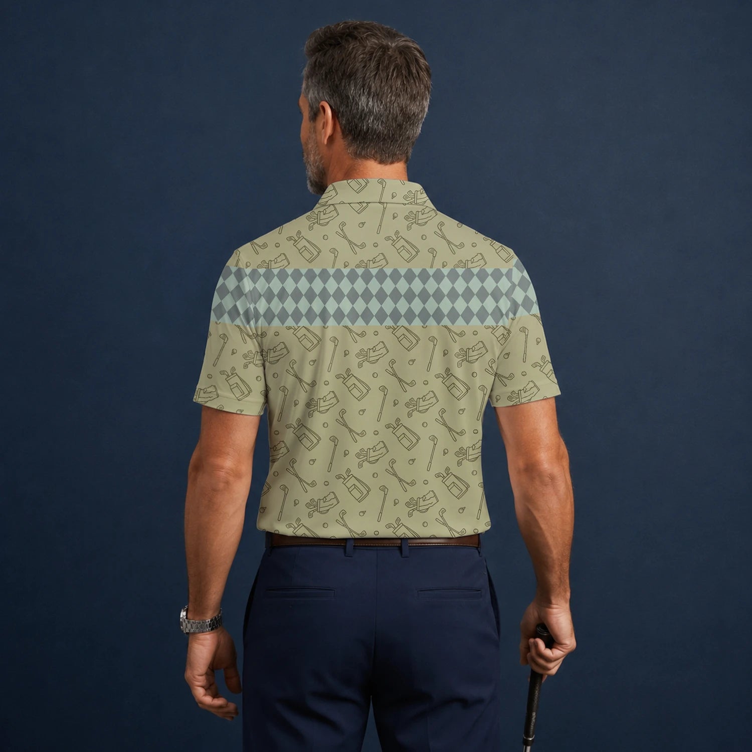 Personalised Khaki Golf Club Sketch Argyle Golf Polo Shirt For Men K5983