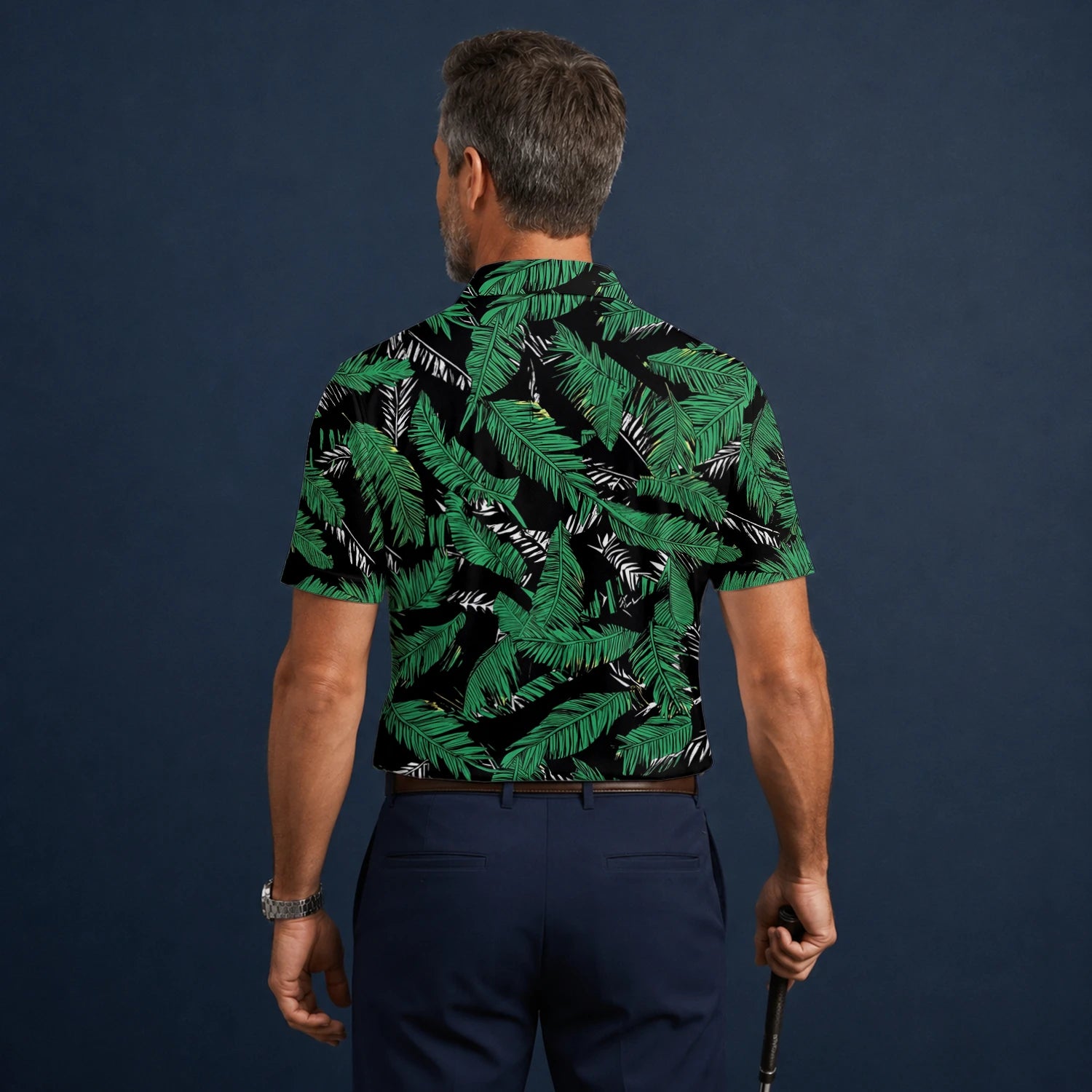Personalised Black Green Tropical Banana Leaf Golf Polo Shirt For Men K8023