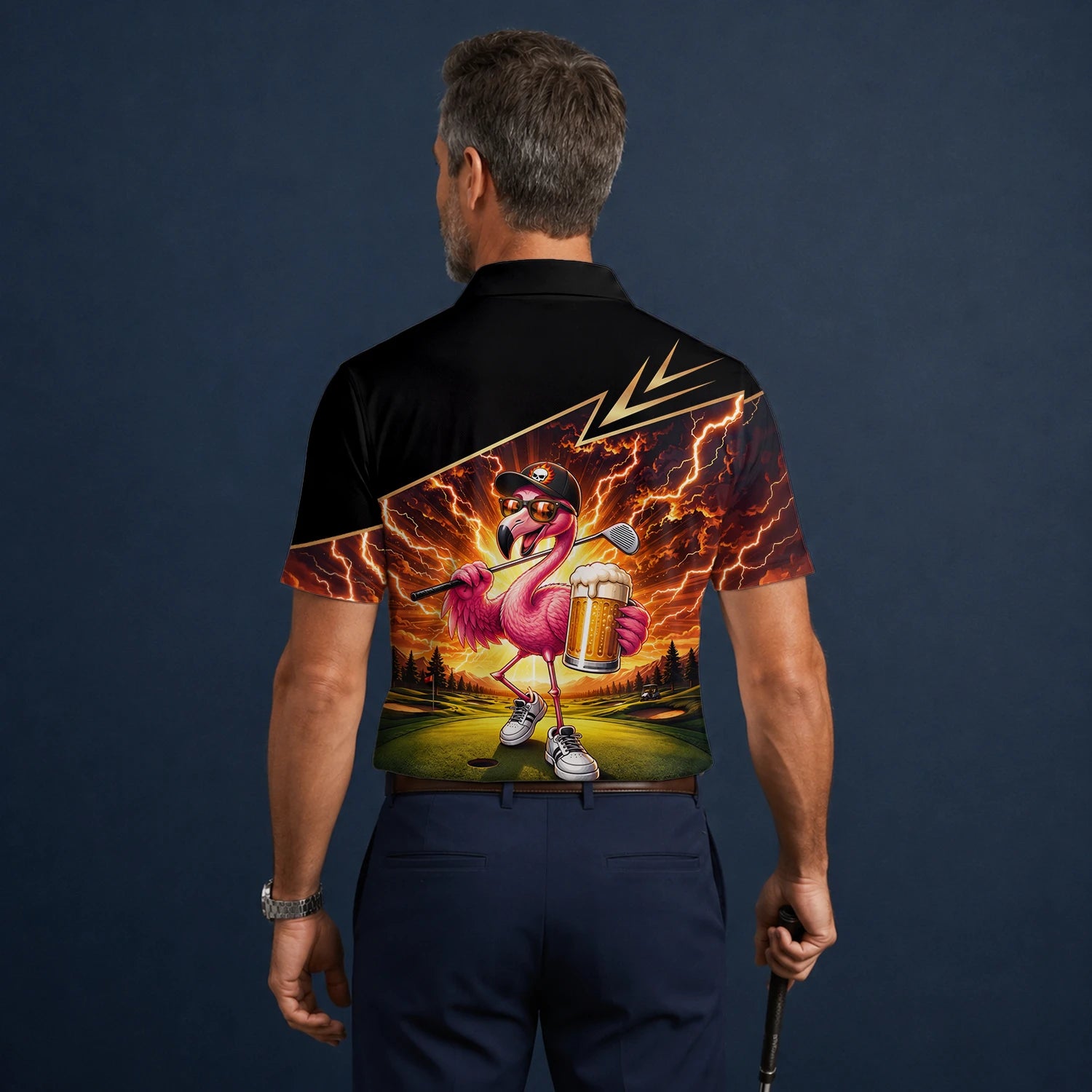 Personalised Black Orange Flamingo Beer Golfer Lightning Golf Polo Shirt For Men E3673