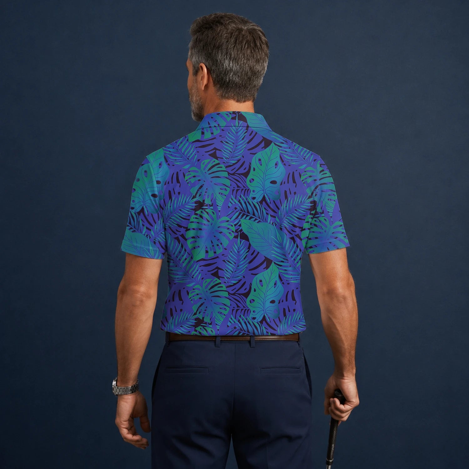 Personalised Blue Purple Tropical Monstera Leaf Golf Polo Shirt For Men G3142