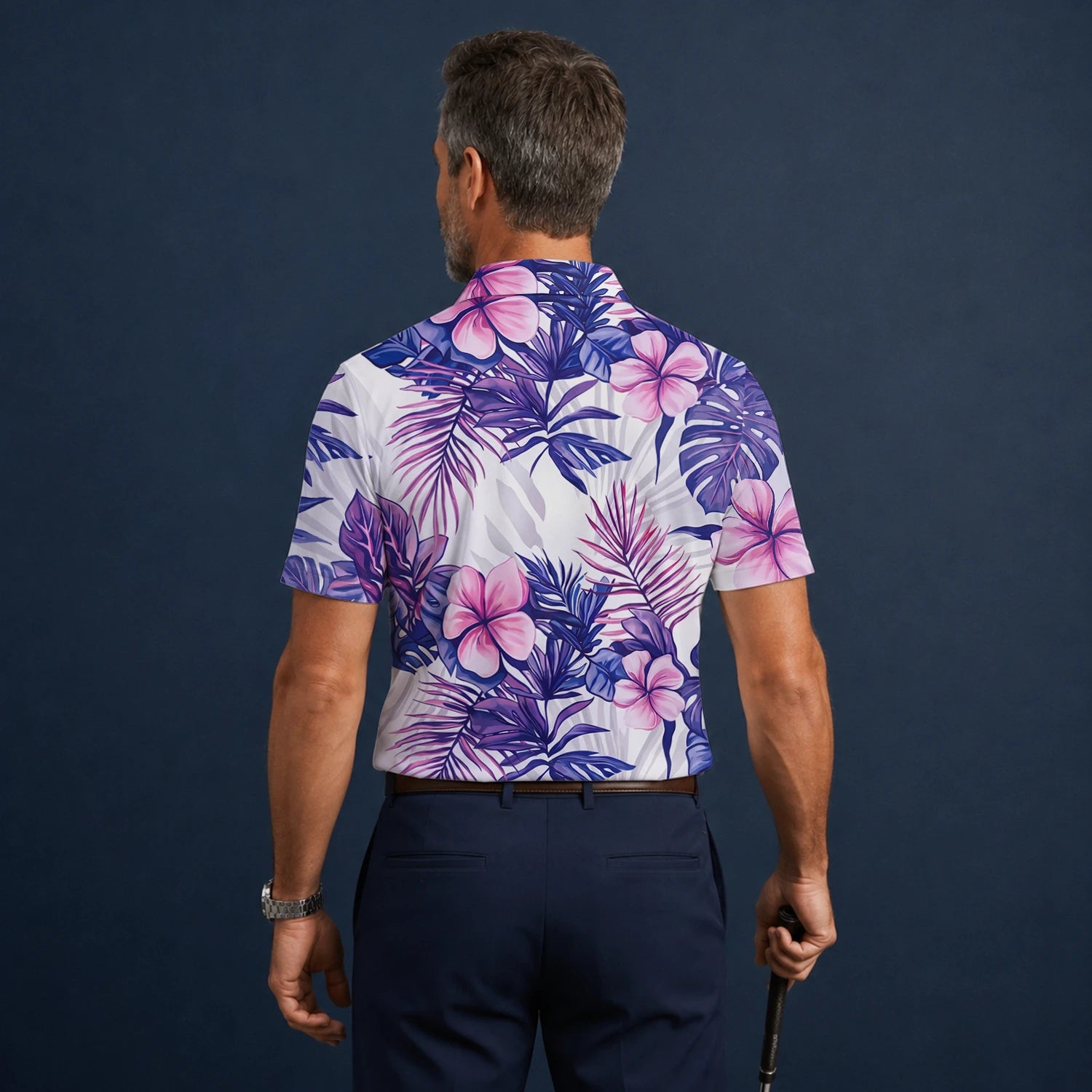 Personalised White Purple Tropical Hibiscus Leaf Golf Polo Shirt For Men H1054