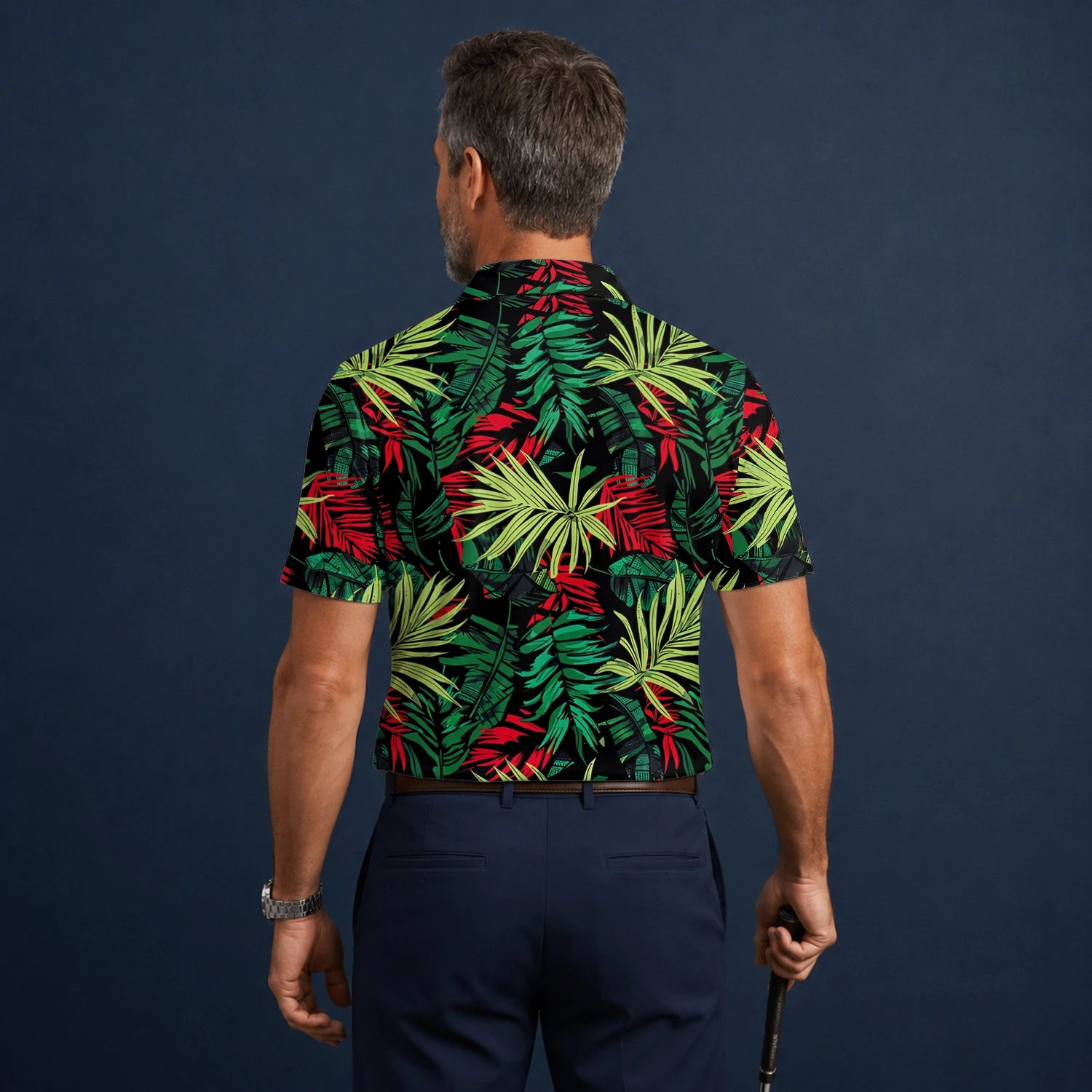 Personalised Black Green Red Tropical Leaf Golf Polo Shirt For Men U5191