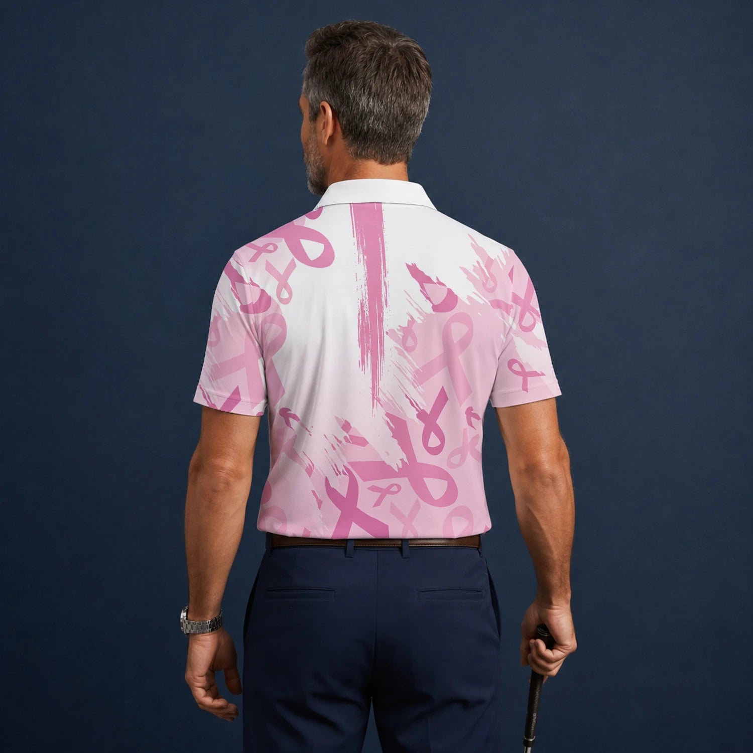 Personalised White Pink Breast Cancer Awareness Ribbon Brush Stroke Golf Polo Shirt For Men U4702