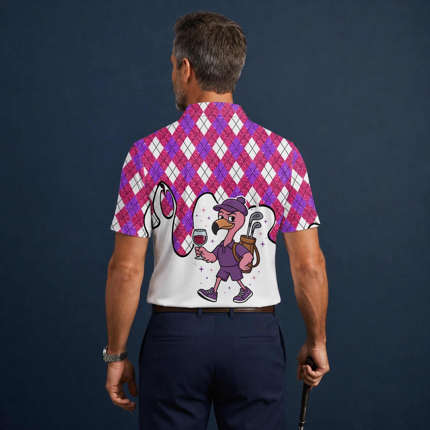 Personalised Pink Purple Argyle Ostrich Golfer Cartoon Golf Polo Shirt For Men D7000