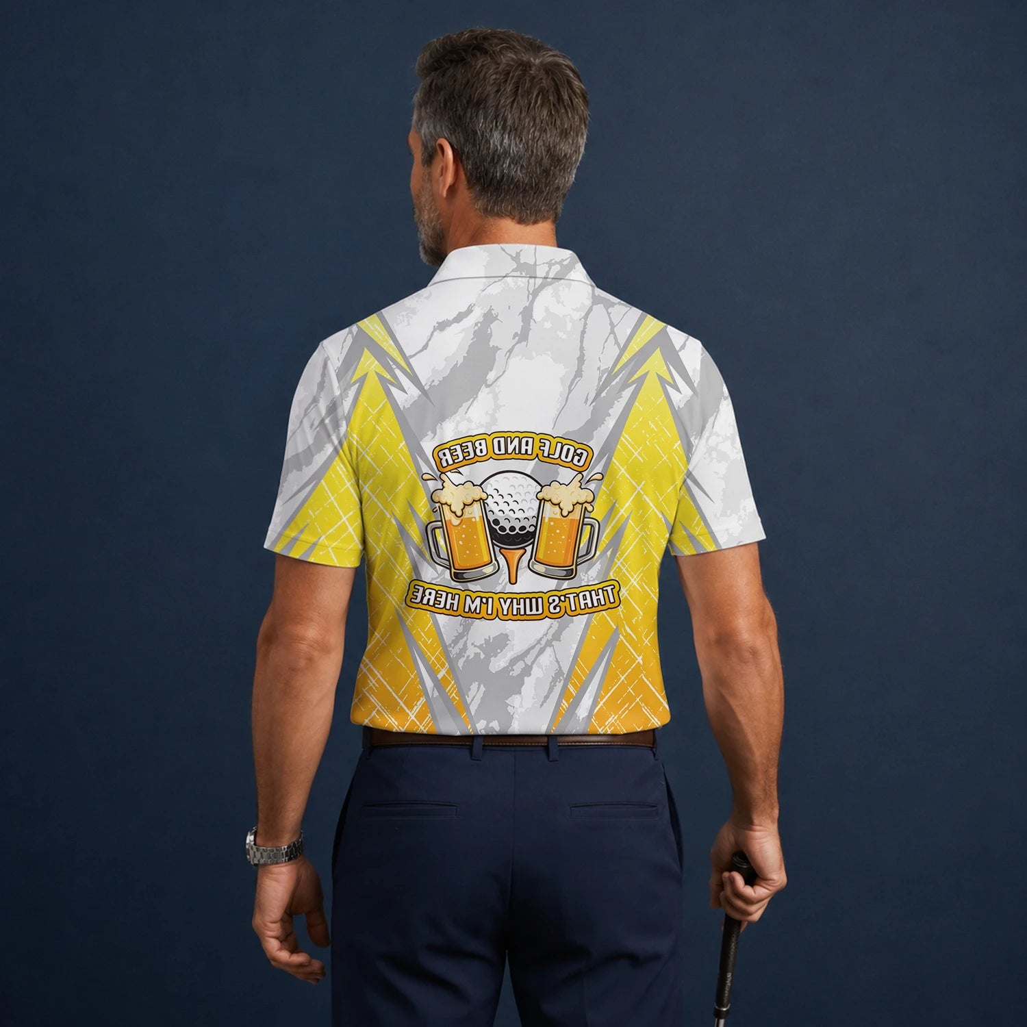 Personalised Grey Yellow Golf And Beer Slogan Golf Polo Shirt For Men P2319