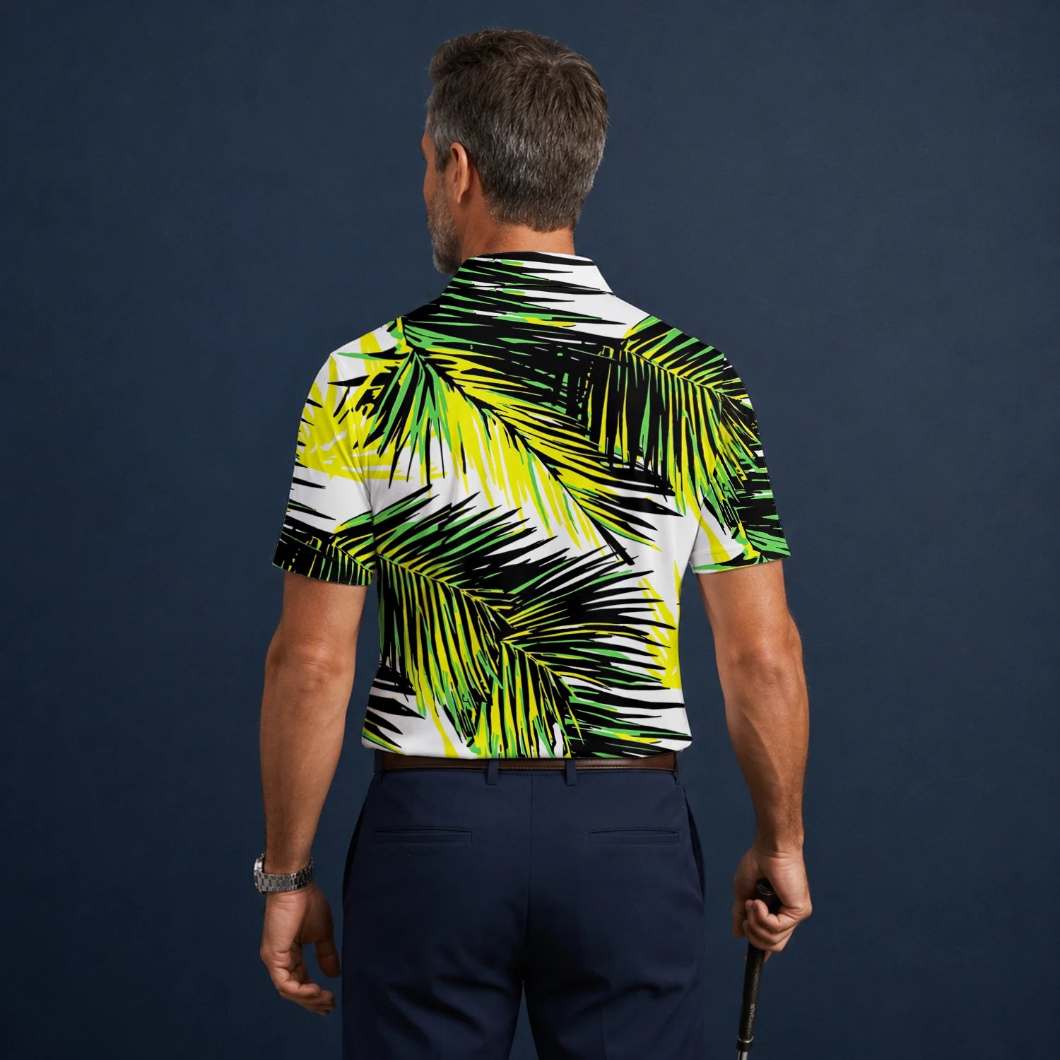 Personalised Black Lime Tropical Palm Leaf Golf Polo Shirt For Men R3070