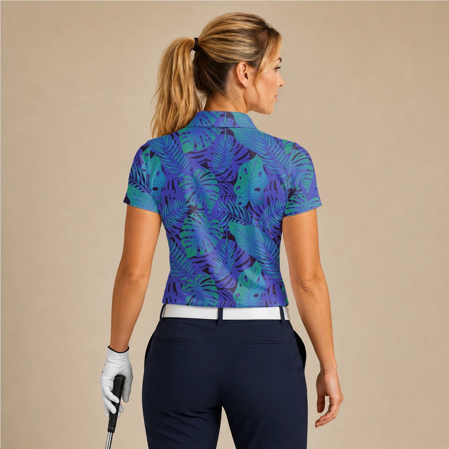 Personalised Blue Purple Tropical Monstera Leaf Golf Polo Shirt For Women G3142