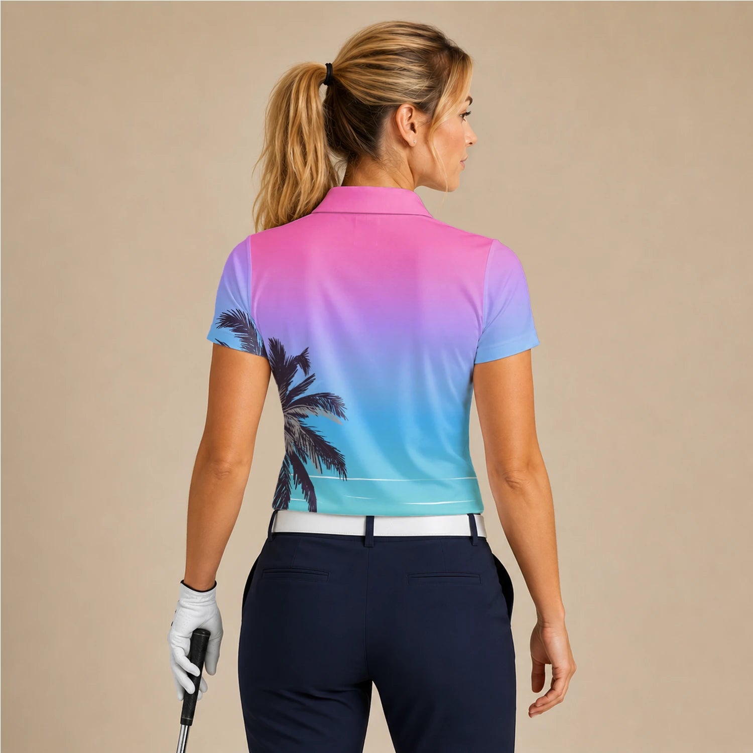 Personalised Pink Blue Palm Beach Sunset Golf Polo Shirt For Women Q3519