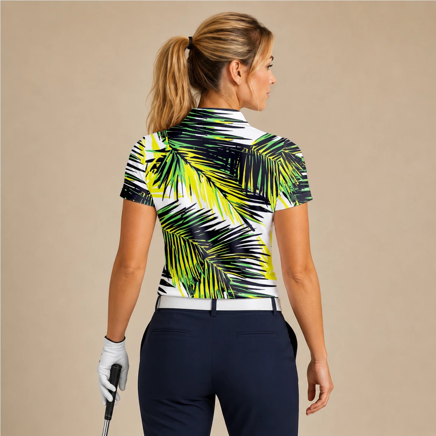 Personalised Black Lime Tropical Palm Leaf Golf Polo Shirt For Women R3070