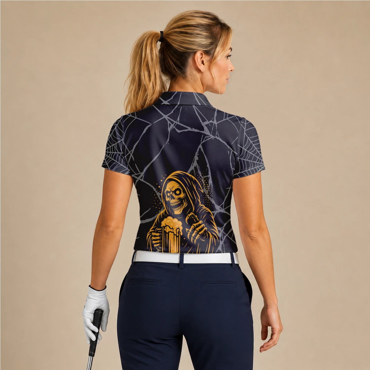 Personalised Black Gold Grim Reaper Beer Golf Polo Shirt For Women J8667