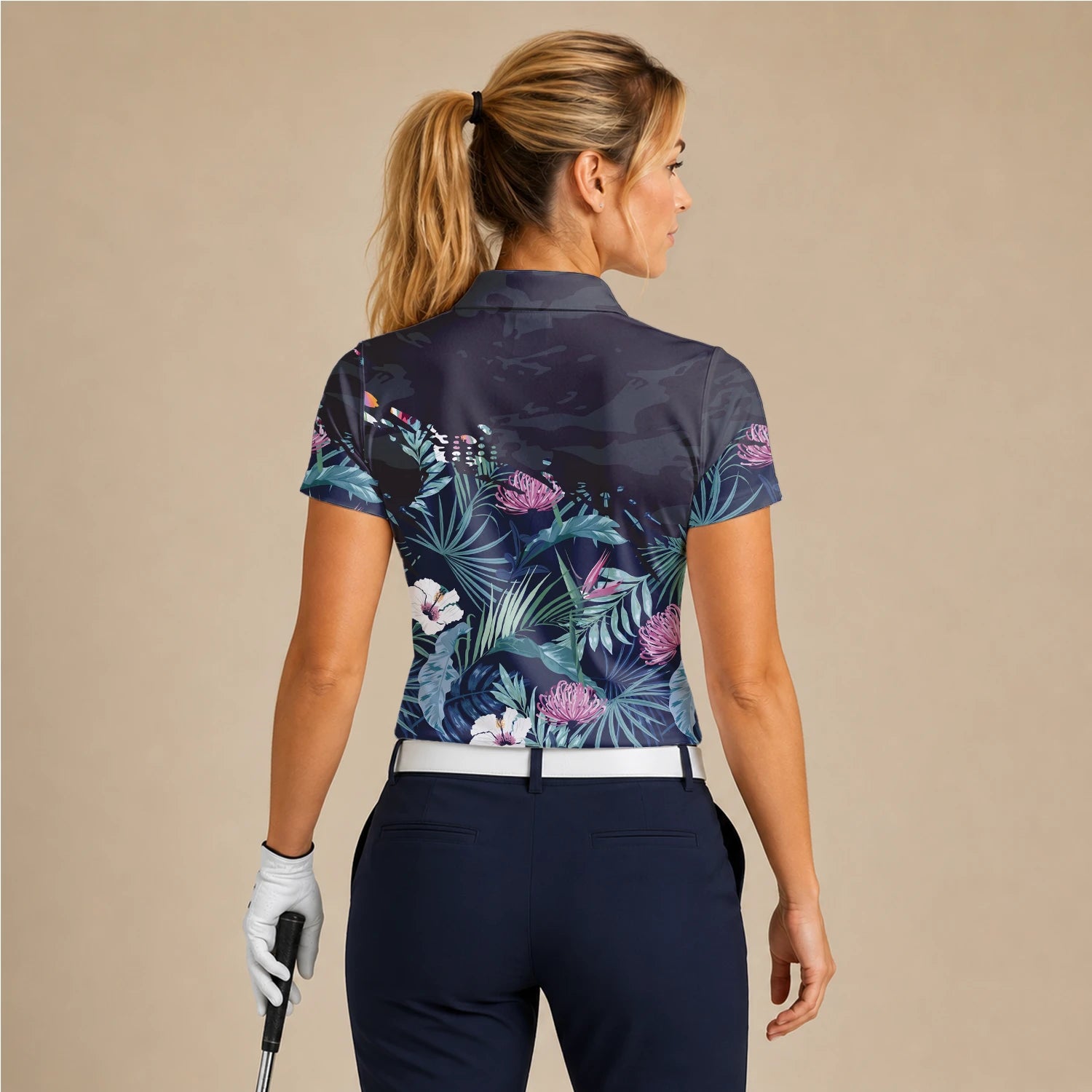 Personalised Navy Tropical Floral Leaf Golf Polo Shirt For Women N4110