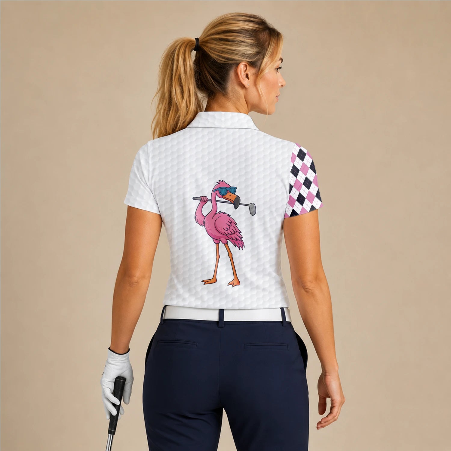 Personalised White Pink Flamingo Golfer Argyle Golf Polo Shirt For Women G3697