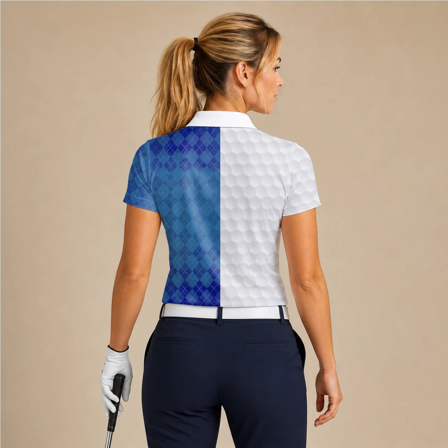 Personalised White Blue Argyle Golf Ball Texture Golf Polo Shirt For Women M9214