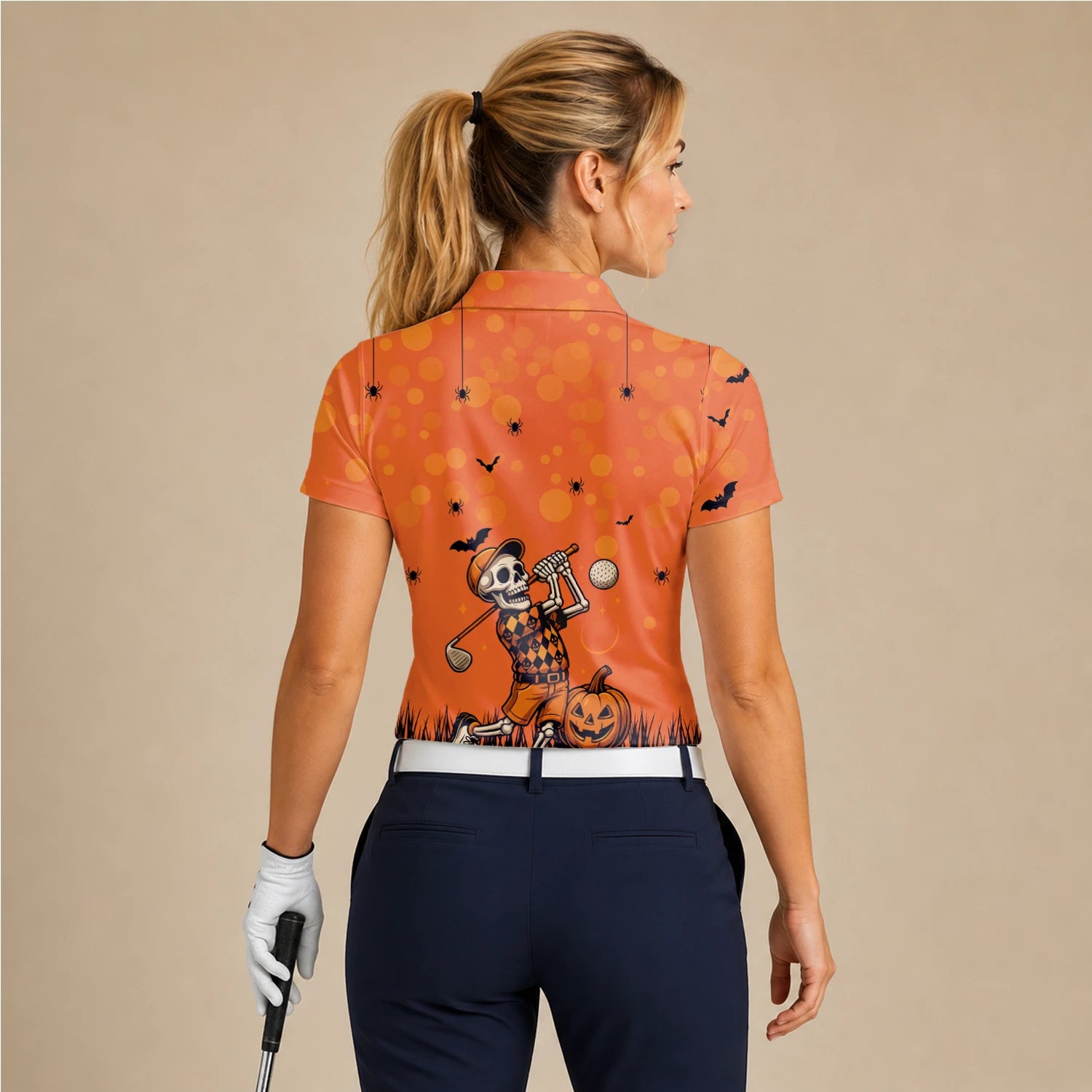Personalised Orange Halloween Skeleton Golfer Golf Polo Shirt For Women D3851