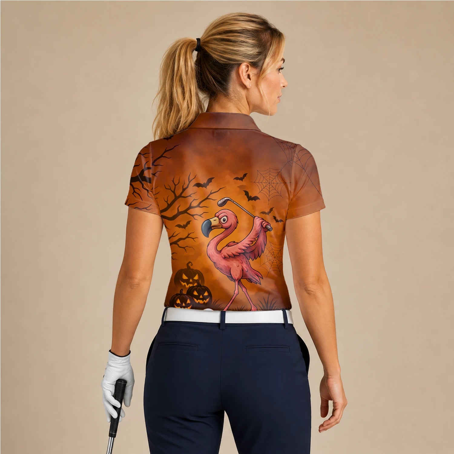Personalised Orange Halloween Flamingo Golfer Pumpkin Golf Polo Shirt For Women V7072