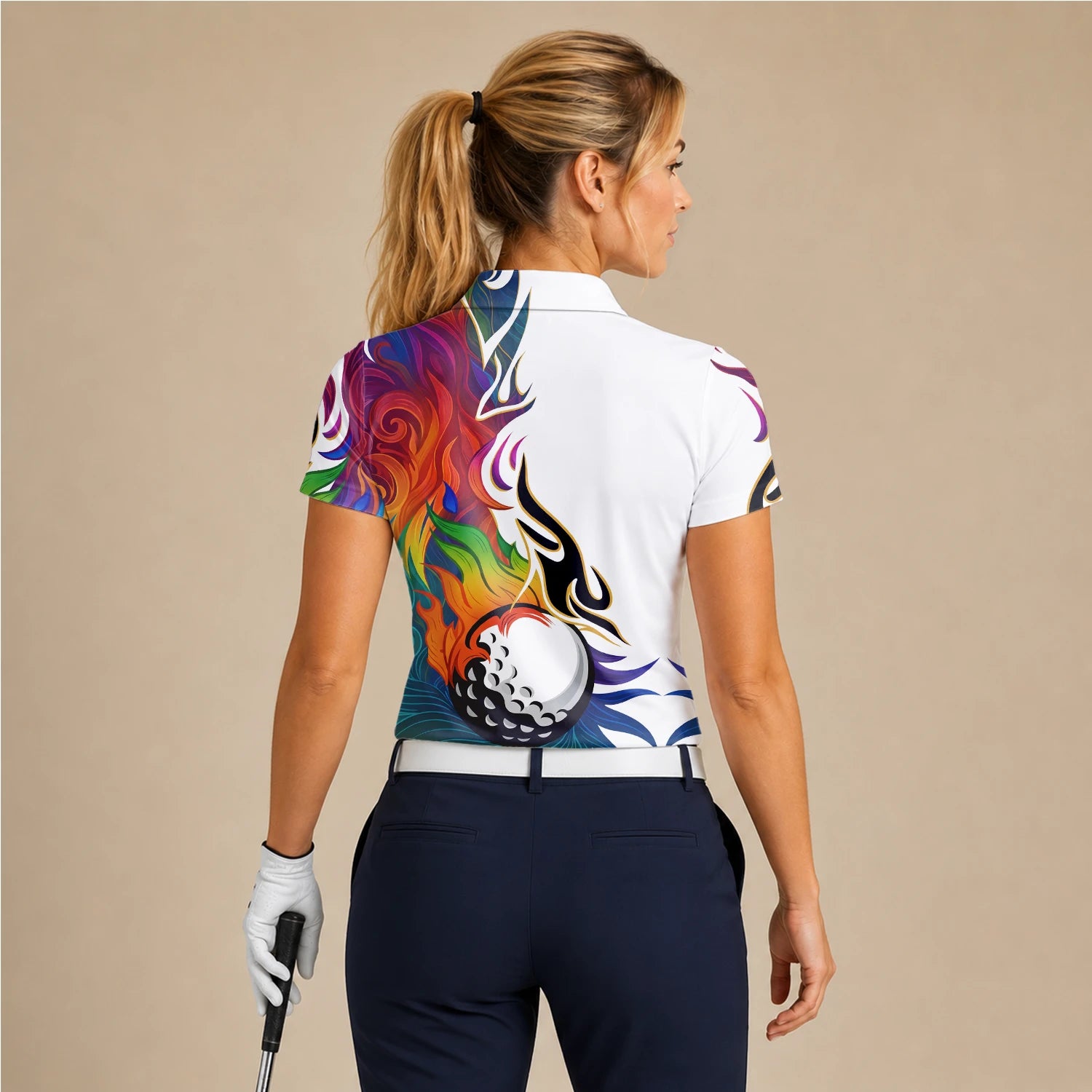 Personalised White Rainbow Flame Golf Ball Golf Polo Shirt For Women P6012