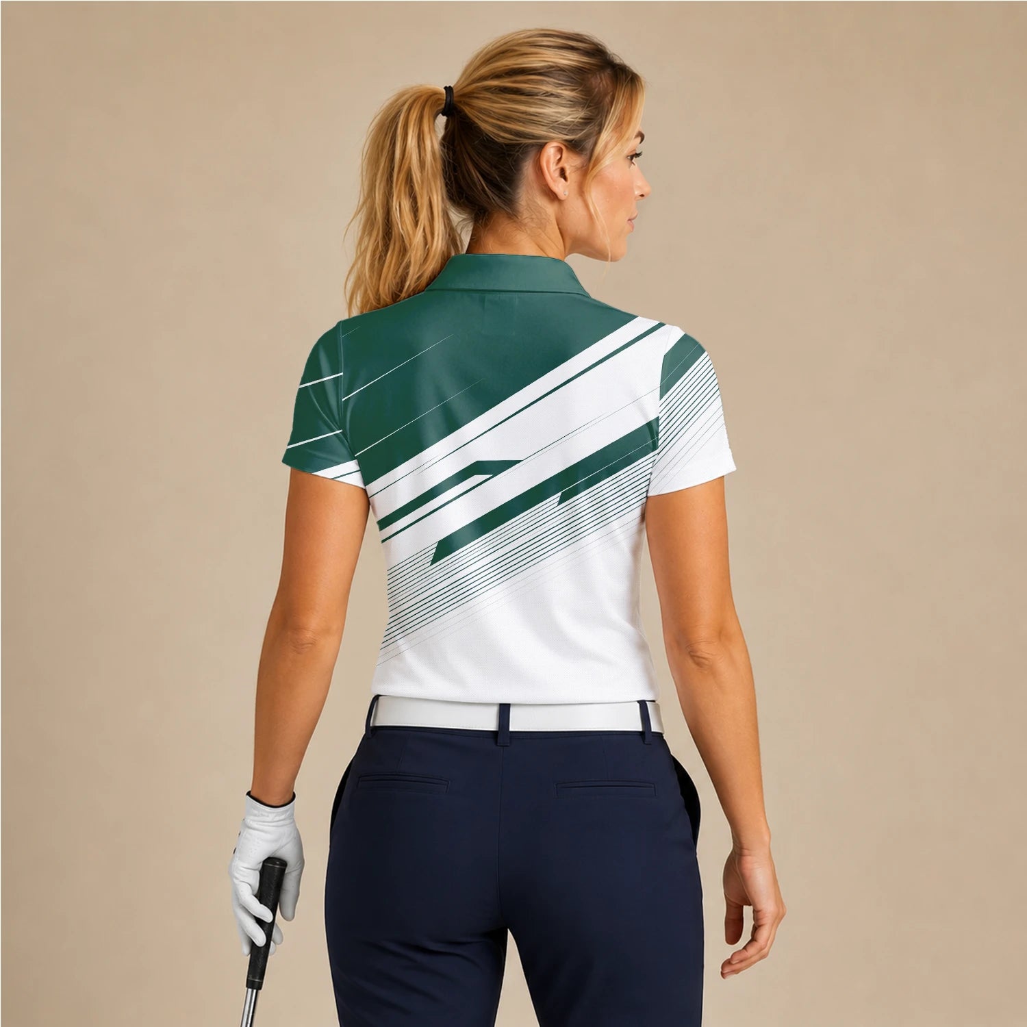 Personalised Green White Abstract Stripe Golf Polo Shirt For Women E5041