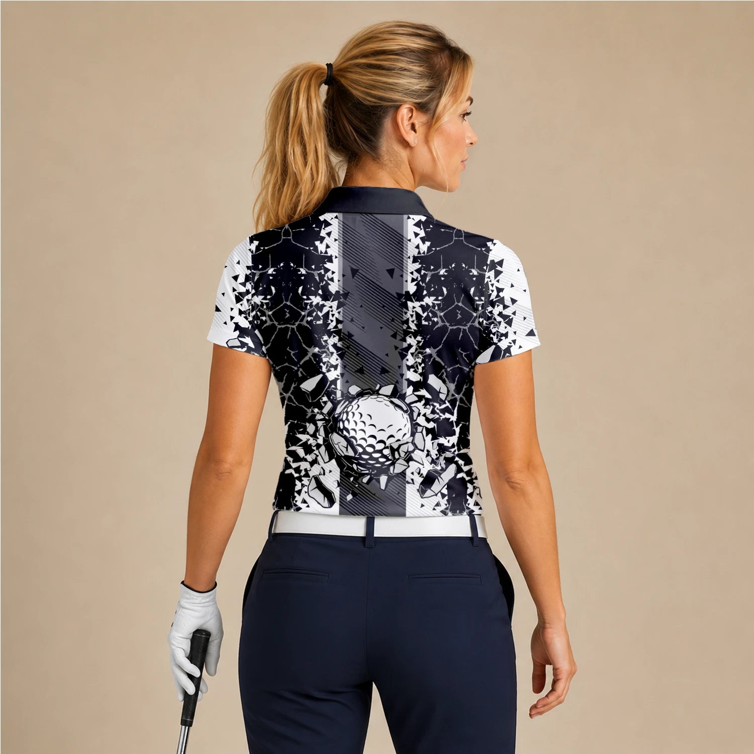 Personalised Black White Golf Ball Shattered Glass Golf Polo Shirt For Women F6407