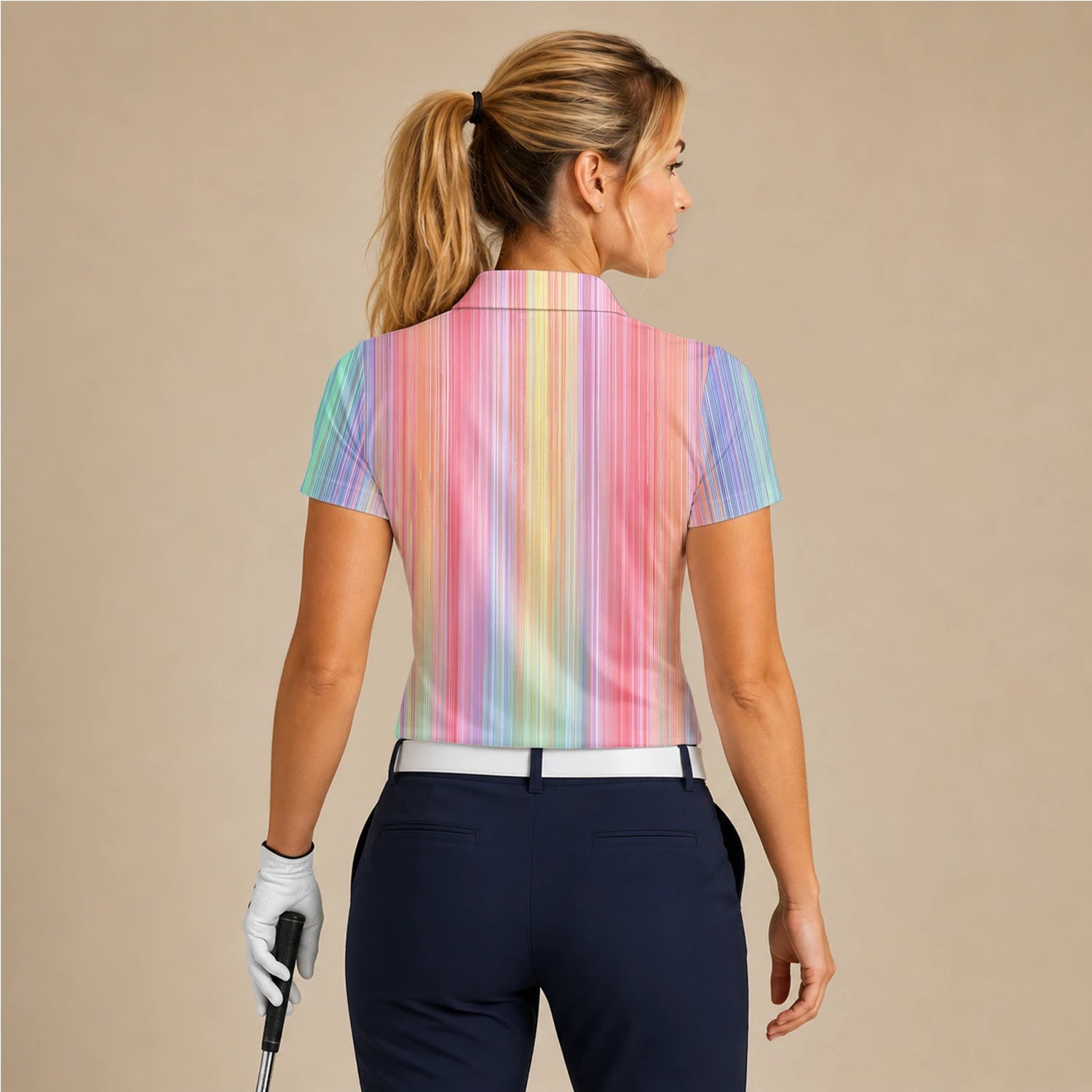 Personalised Pastel Rainbow Stripe Golf Polo Shirt For Women C5307