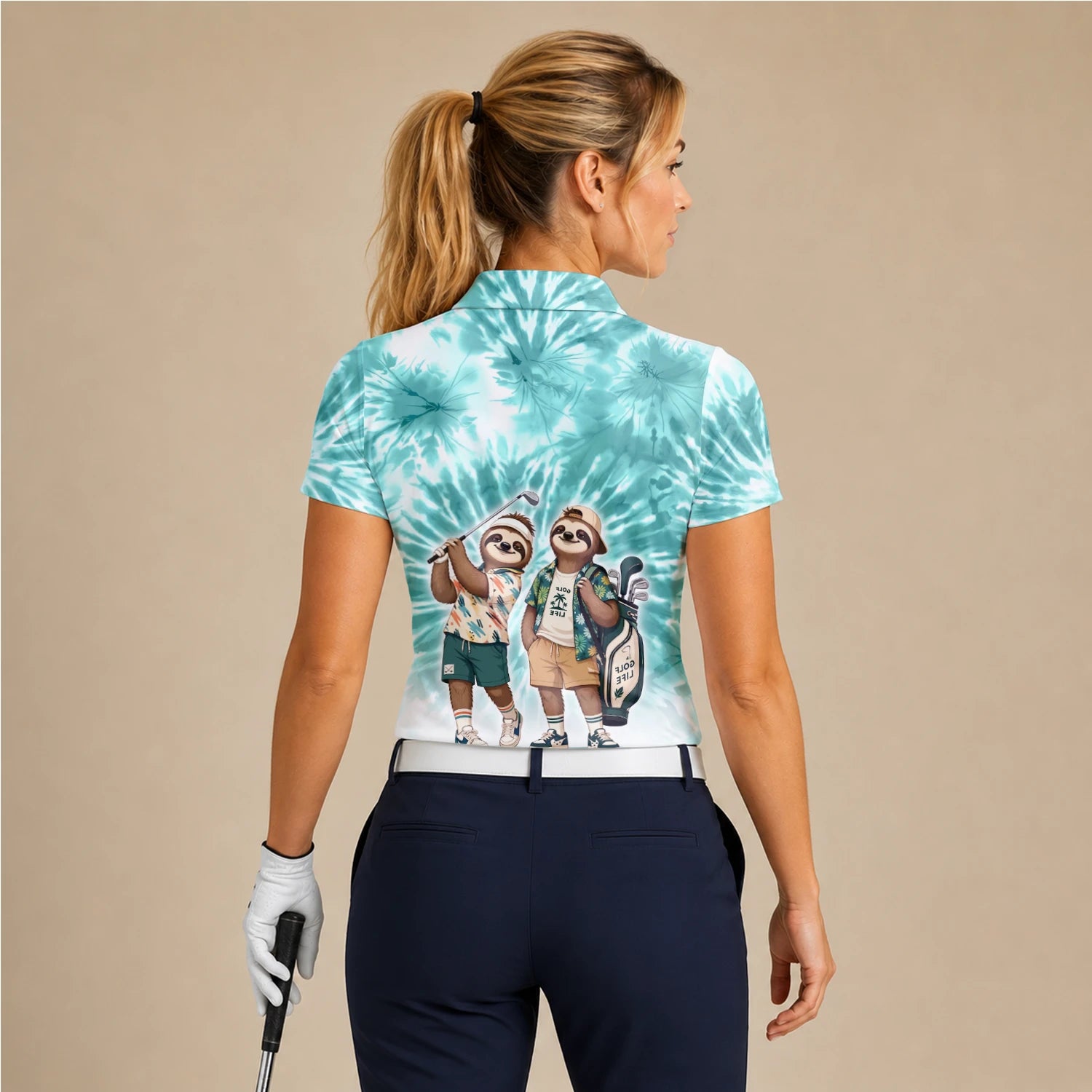 Personalised Turquoise Sloth Golfer Cartoon Golf Polo Shirt For Women C1614