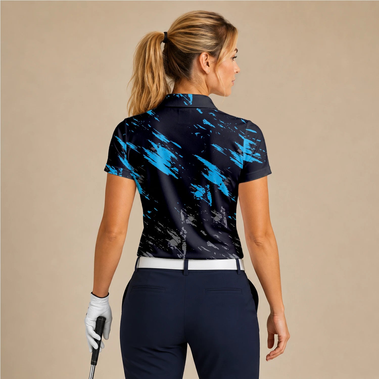 Personalised Black Blue Brush Stroke Golf Polo Shirt For Women H3779