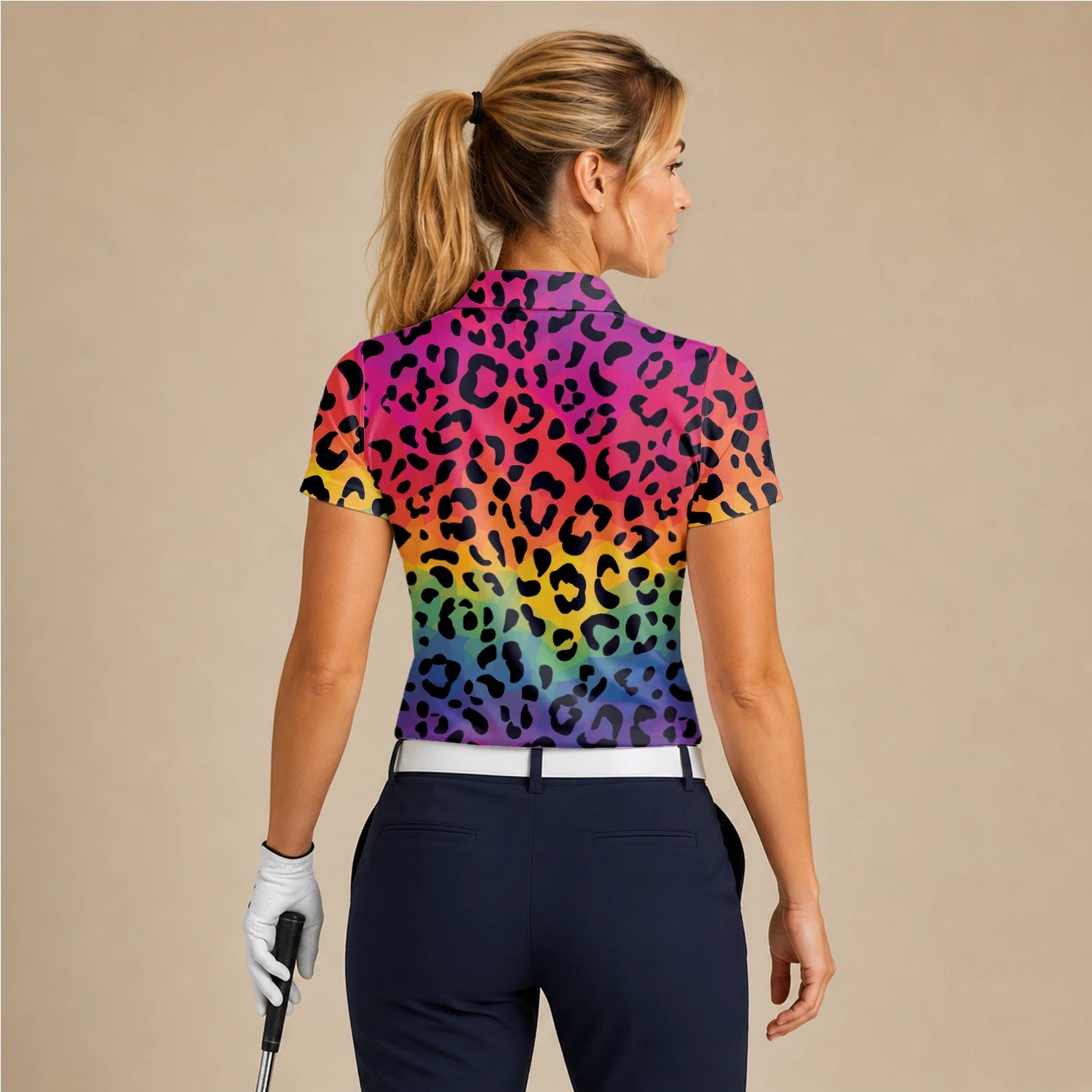 Personalised Rainbow Leopard Print Golf Polo Shirt For Women X1632