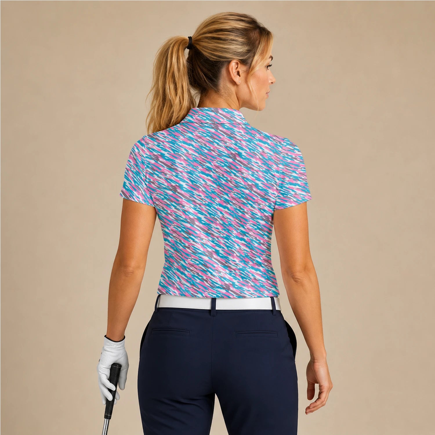 Personalised Pink Teal Abstract Speckle Golf Polo Shirt For Women S1159
