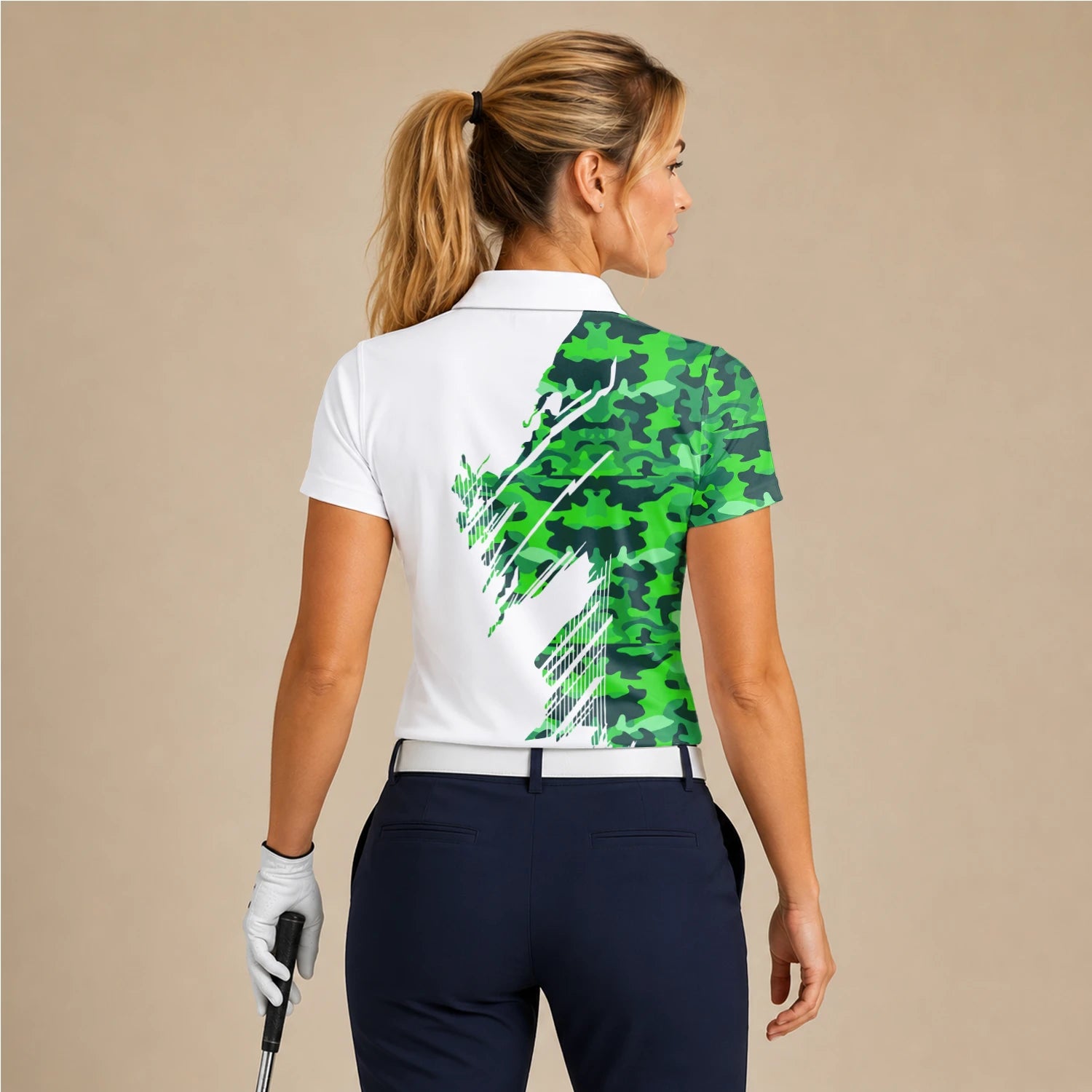 Personalised White Green Camo Brush Stripe Golf Polo Shirt For Women E9788